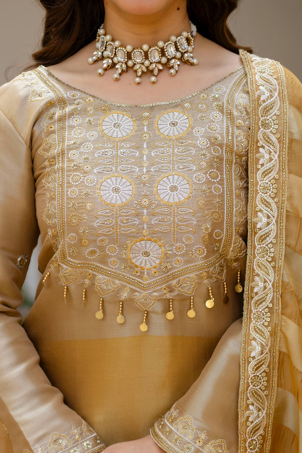 Golden Tissue Silk Embroidered Kurta Set with Premium Tissue Dupatta