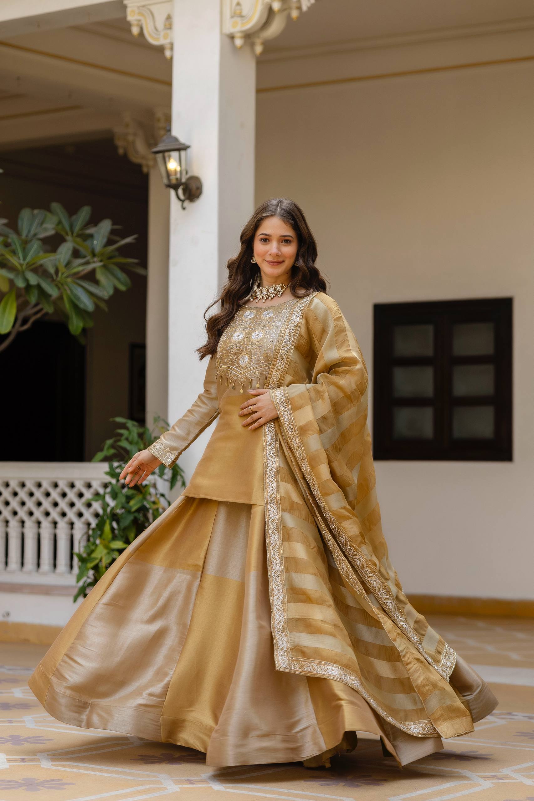 Golden Tissue Silk Embroidered Kurta Set with Premium Tissue Dupatta