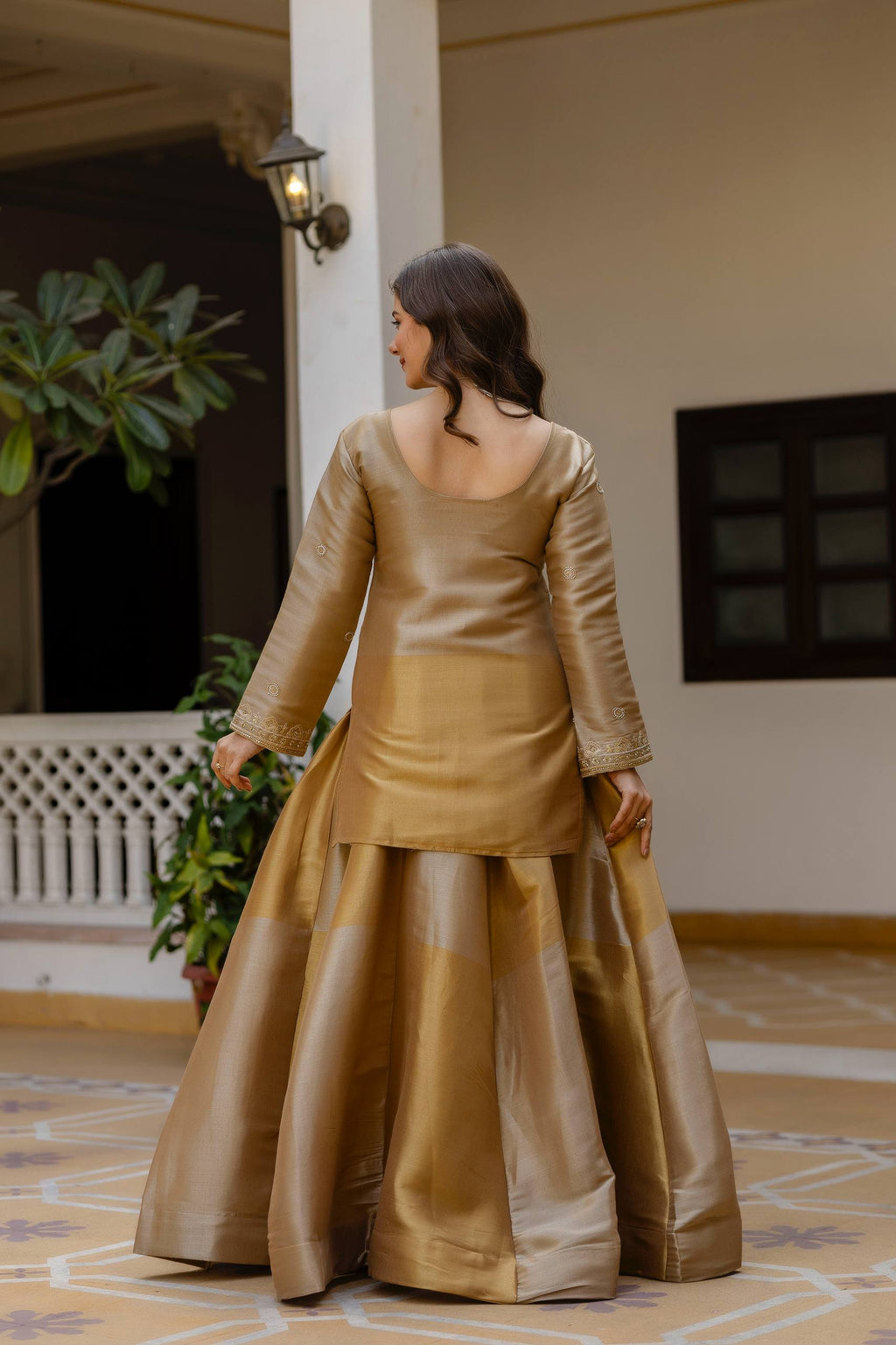Golden Tissue Silk Embroidered Kurta Set with Premium Tissue Dupatta