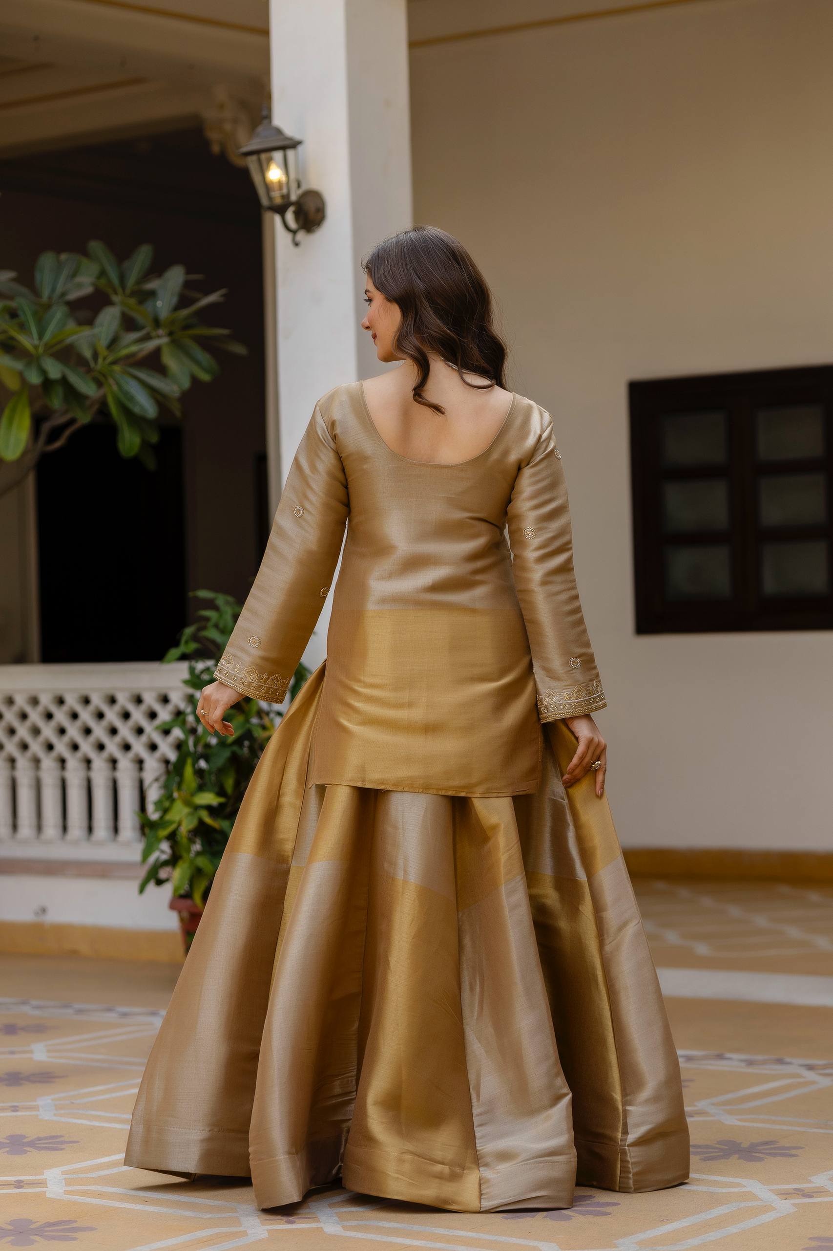 Golden Tissue Silk Embroidered Kurta Set with Premium Tissue Dupatta
