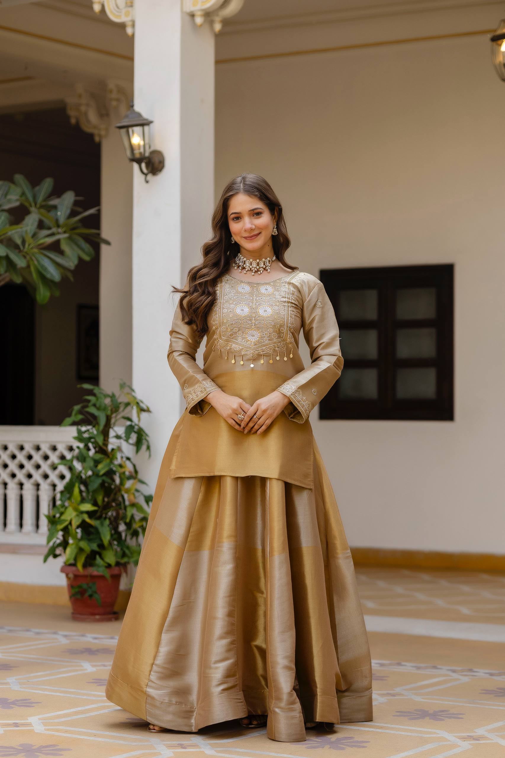 Golden Tissue Silk Embroidered Kurta Set with Premium Tissue Dupatta