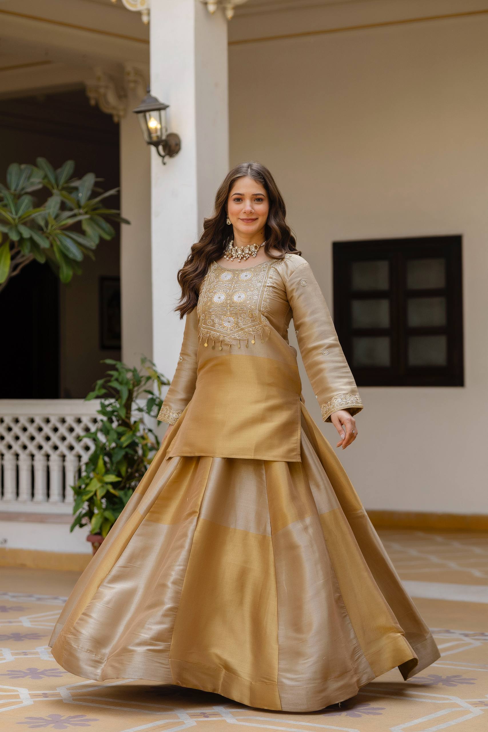Golden Tissue Silk Embroidered Kurta Set with Premium Tissue Dupatta