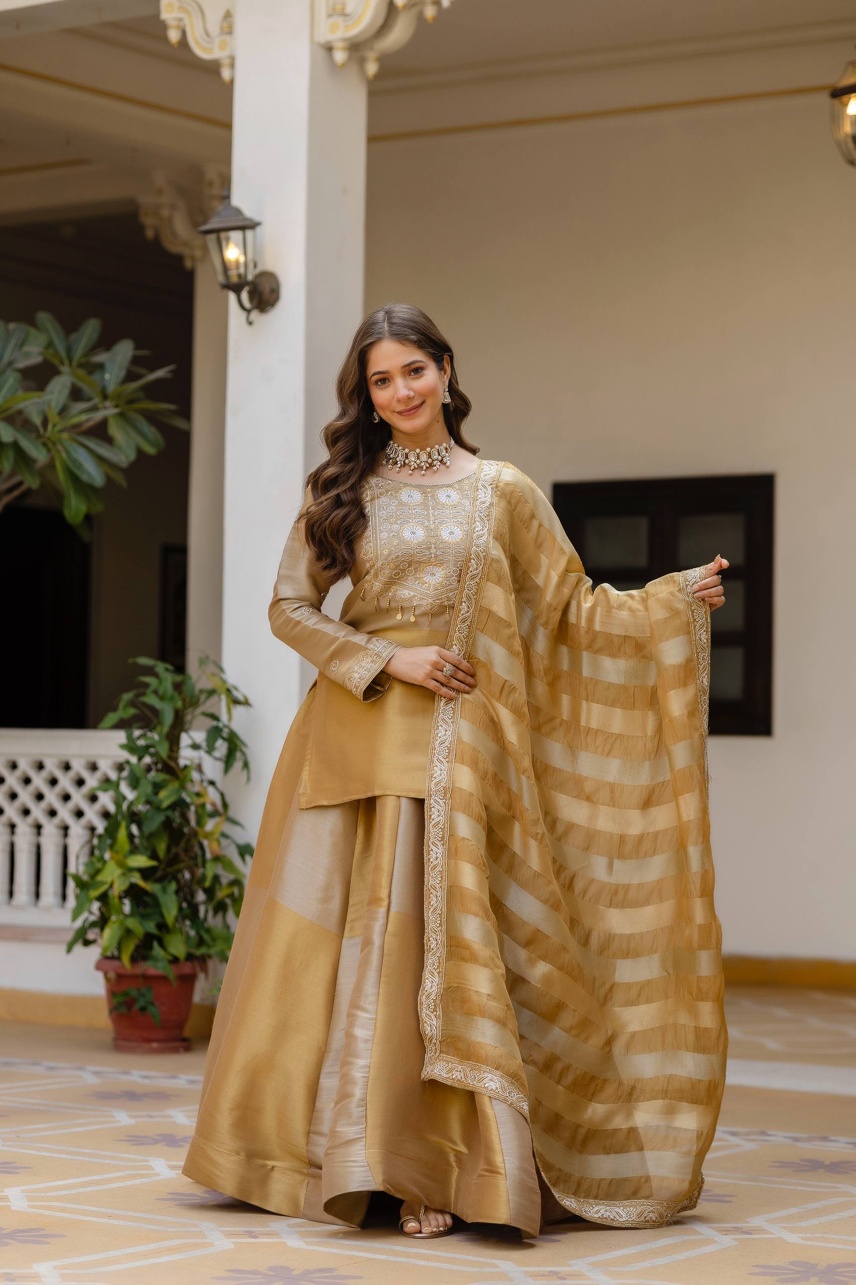 Golden Tissue Silk Embroidered Kurta Set with Premium Tissue Dupatta