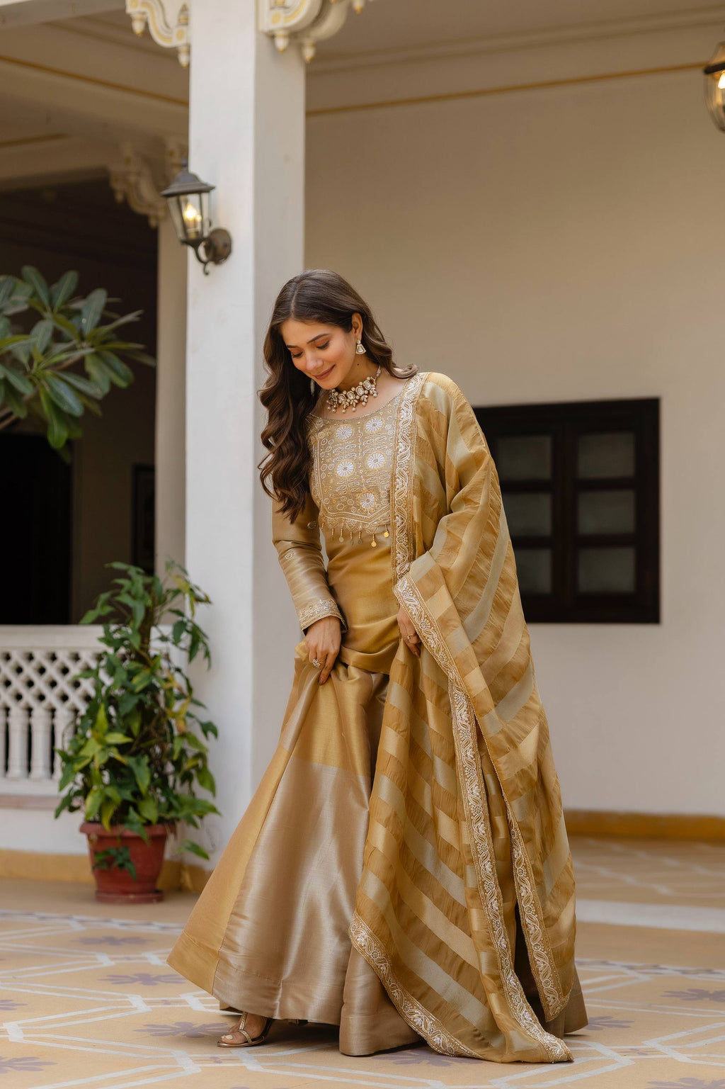 Golden Tissue Silk Embroidered Kurta Set with Premium Tissue Dupatta