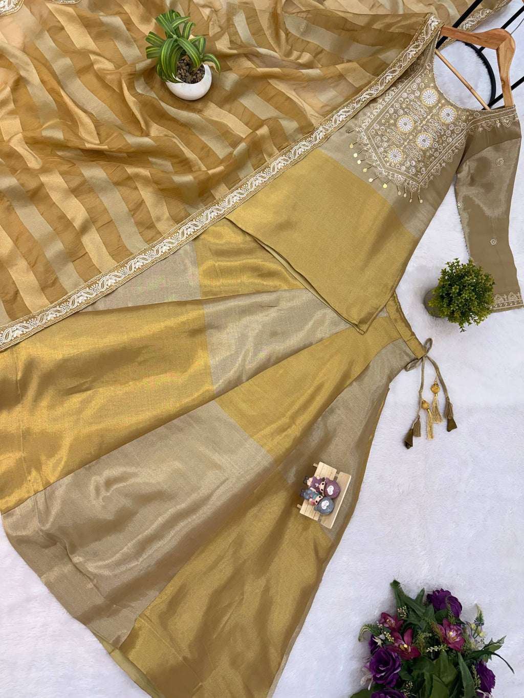 Golden Tissue Silk Embroidered Kurta Set with Premium Tissue Dupatta