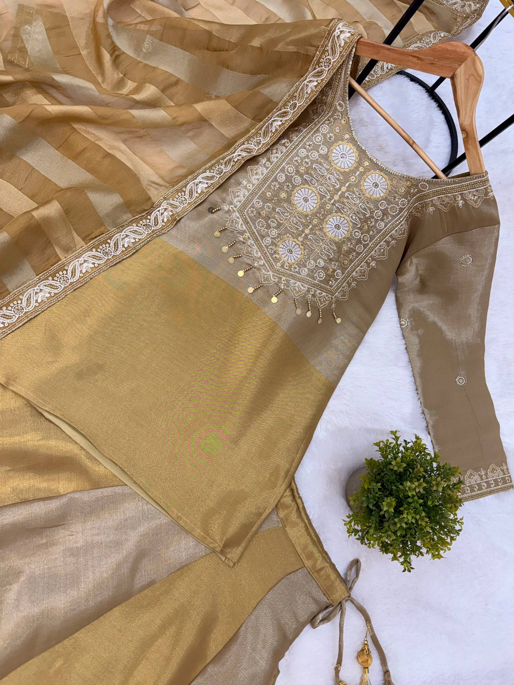 Golden Tissue Silk Embroidered Kurta Set with Premium Tissue Dupatta