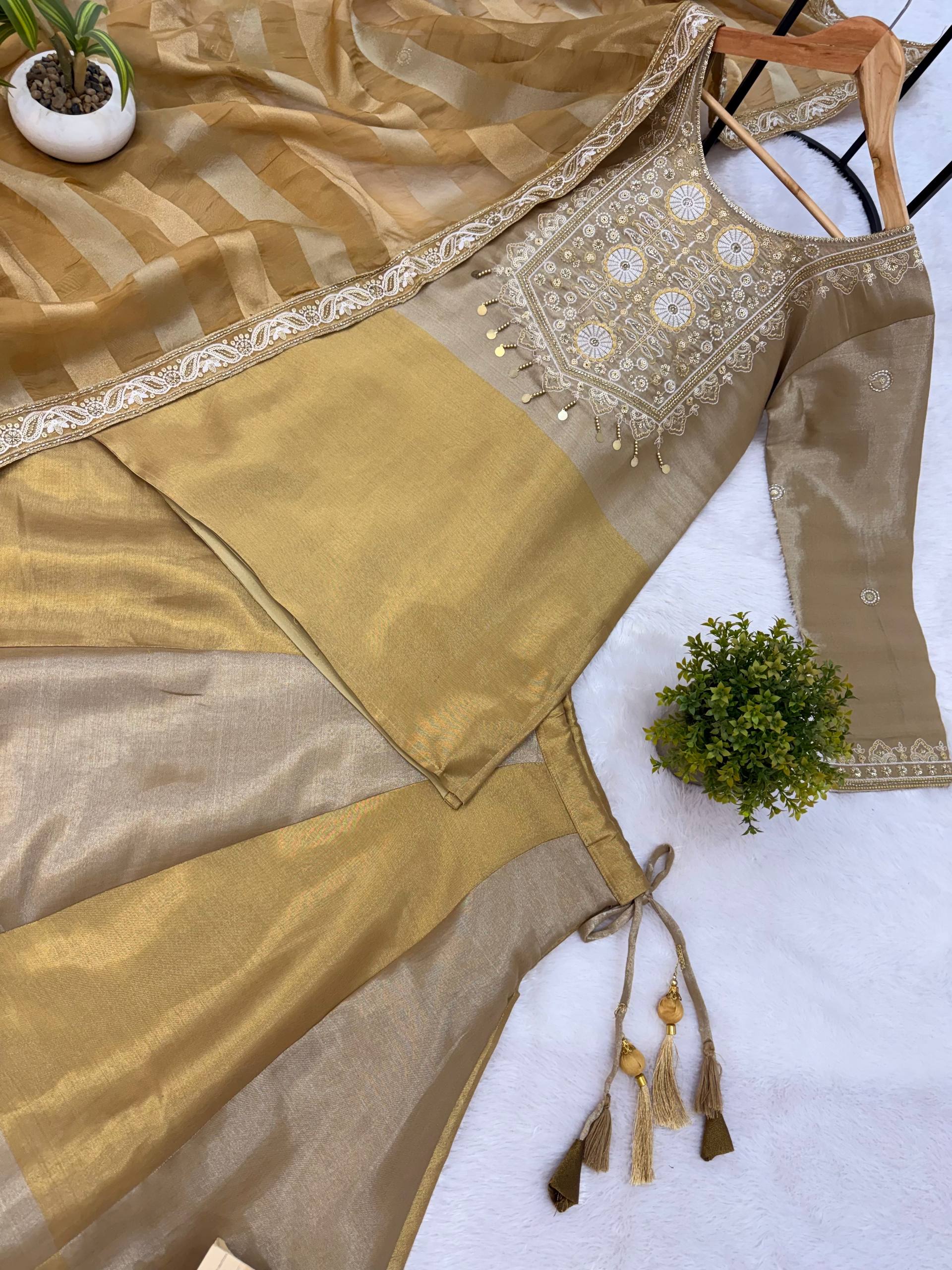 Golden Tissue Silk Embroidered Kurta Set with Premium Tissue Dupatta