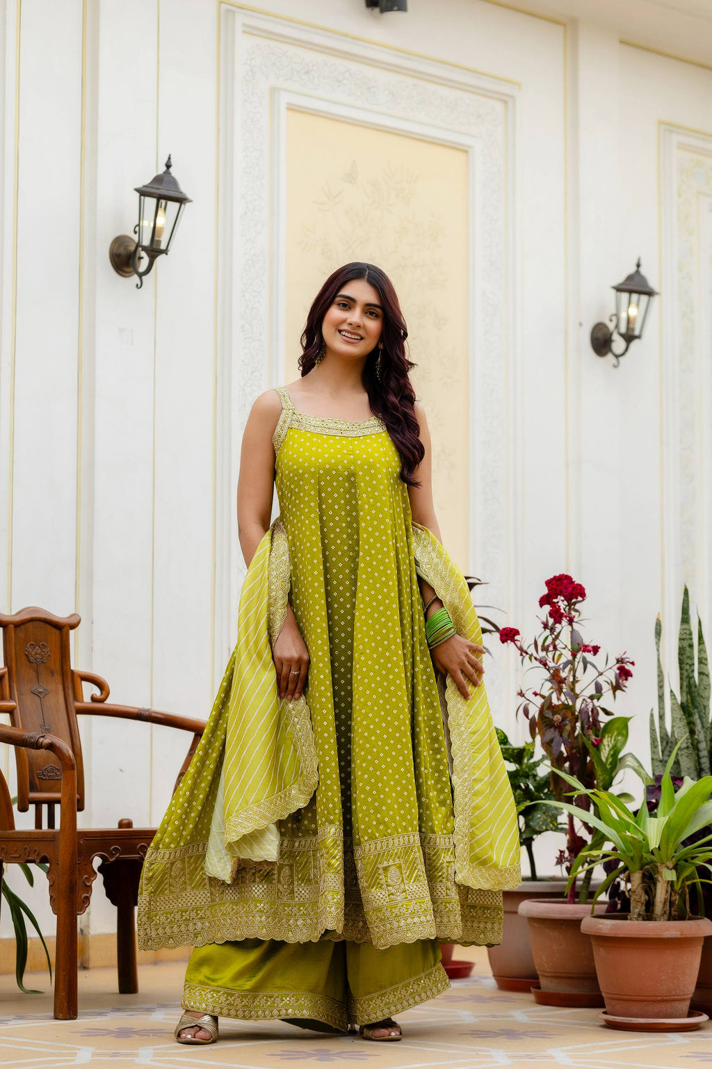 Lime Green Bandhani Vichitra Silk Embroidered Anarkali Suit Set with Leheriya Dupatta