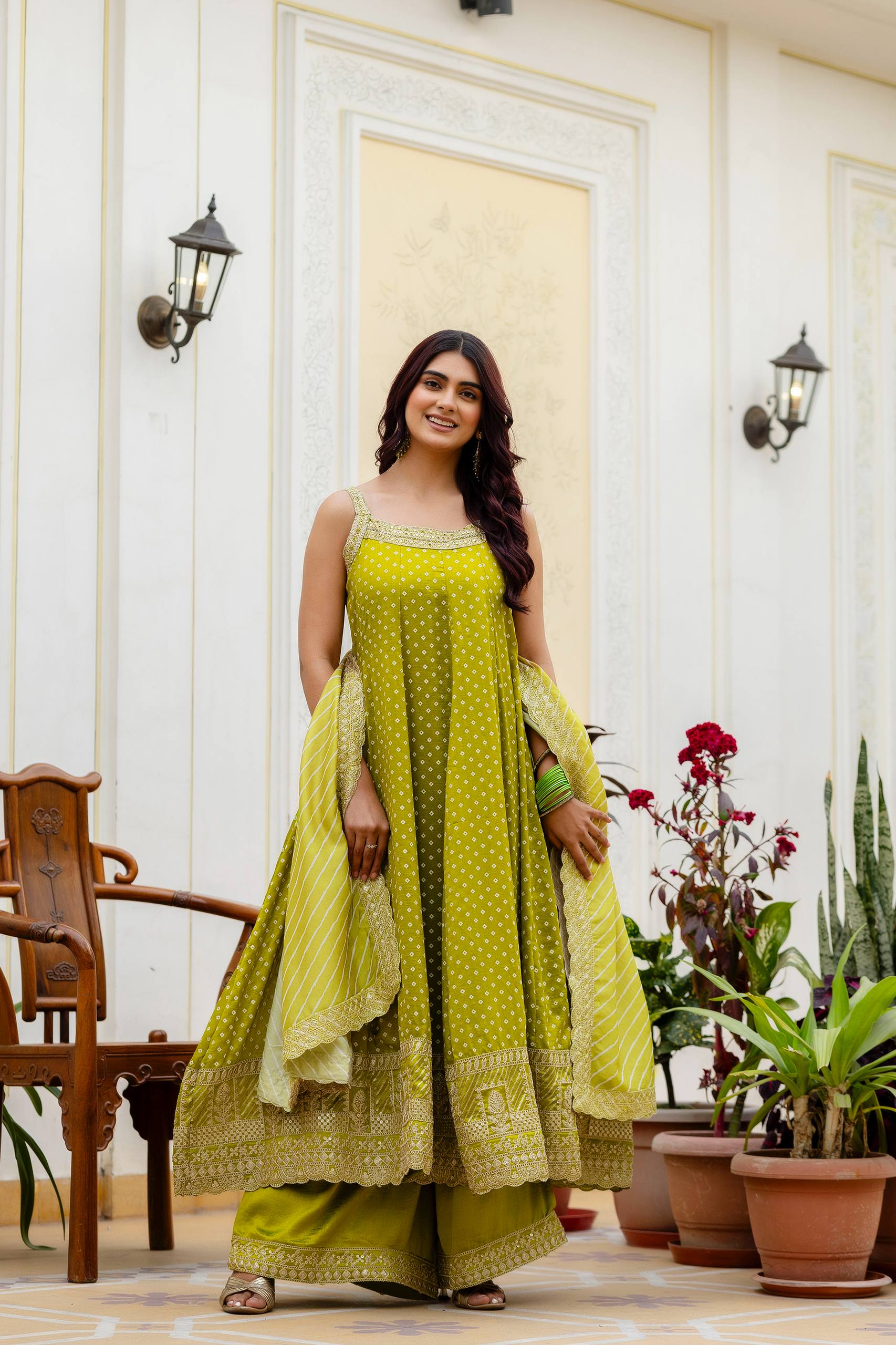 Lime Green Bandhani Vichitra Silk Embroidered Anarkali Suit Set with Leheriya Dupatta