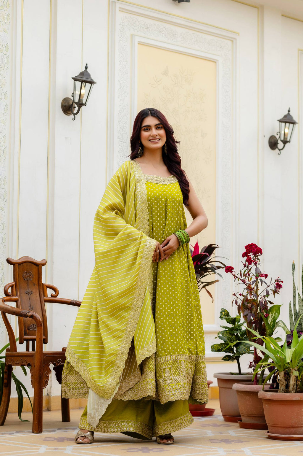 Lime Green Bandhani Vichitra Silk Embroidered Anarkali Suit Set with Leheriya Dupatta