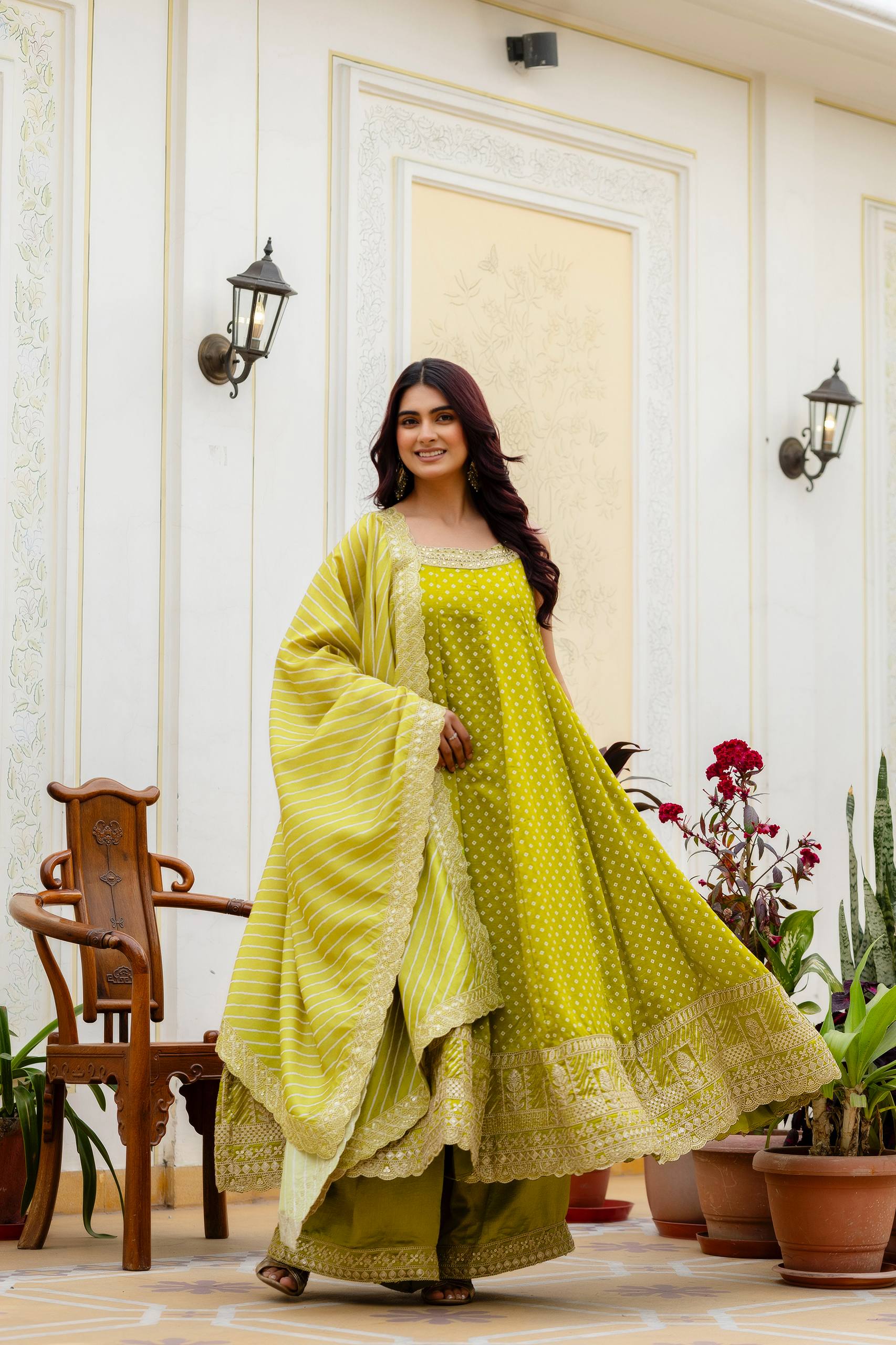 Lime Green Bandhani Vichitra Silk Embroidered Anarkali Suit Set with Leheriya Dupatta