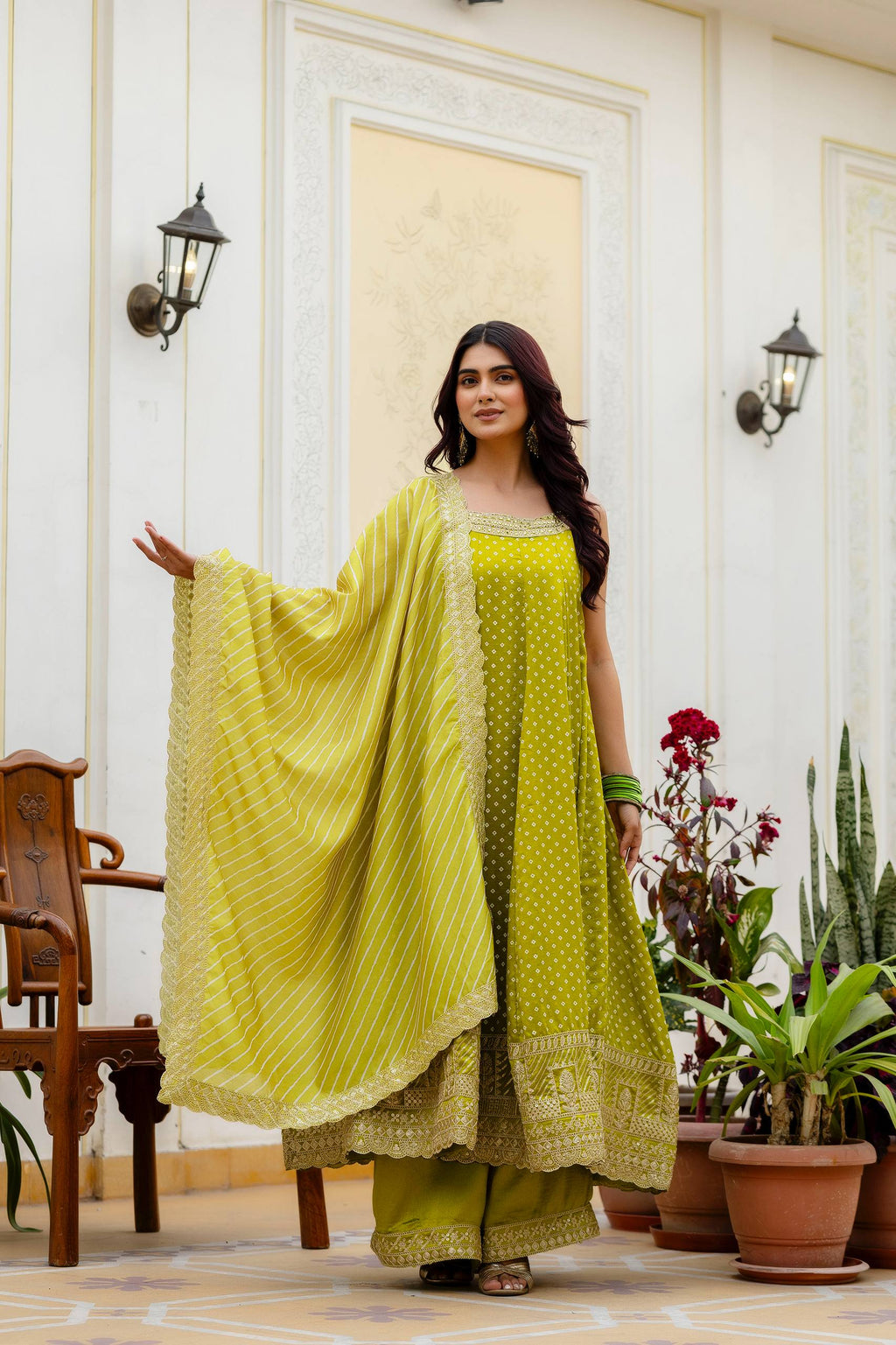 Lime Green Bandhani Vichitra Silk Embroidered Anarkali Suit Set with Leheriya Dupatta