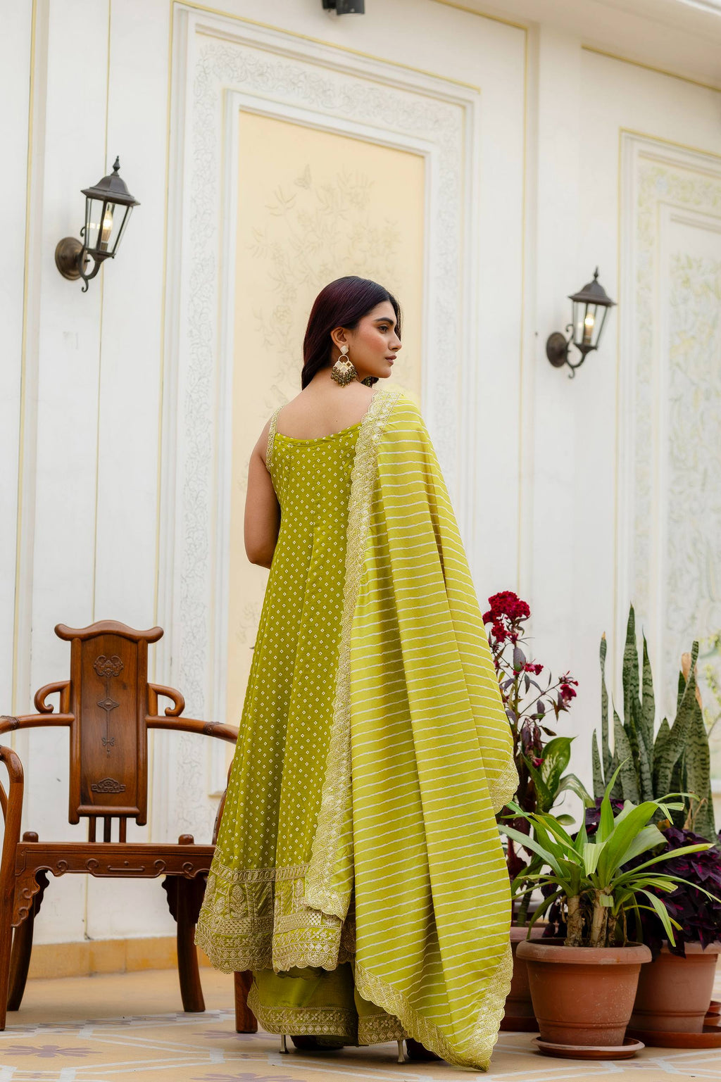Lime Green Bandhani Vichitra Silk Embroidered Anarkali Suit Set with Leheriya Dupatta