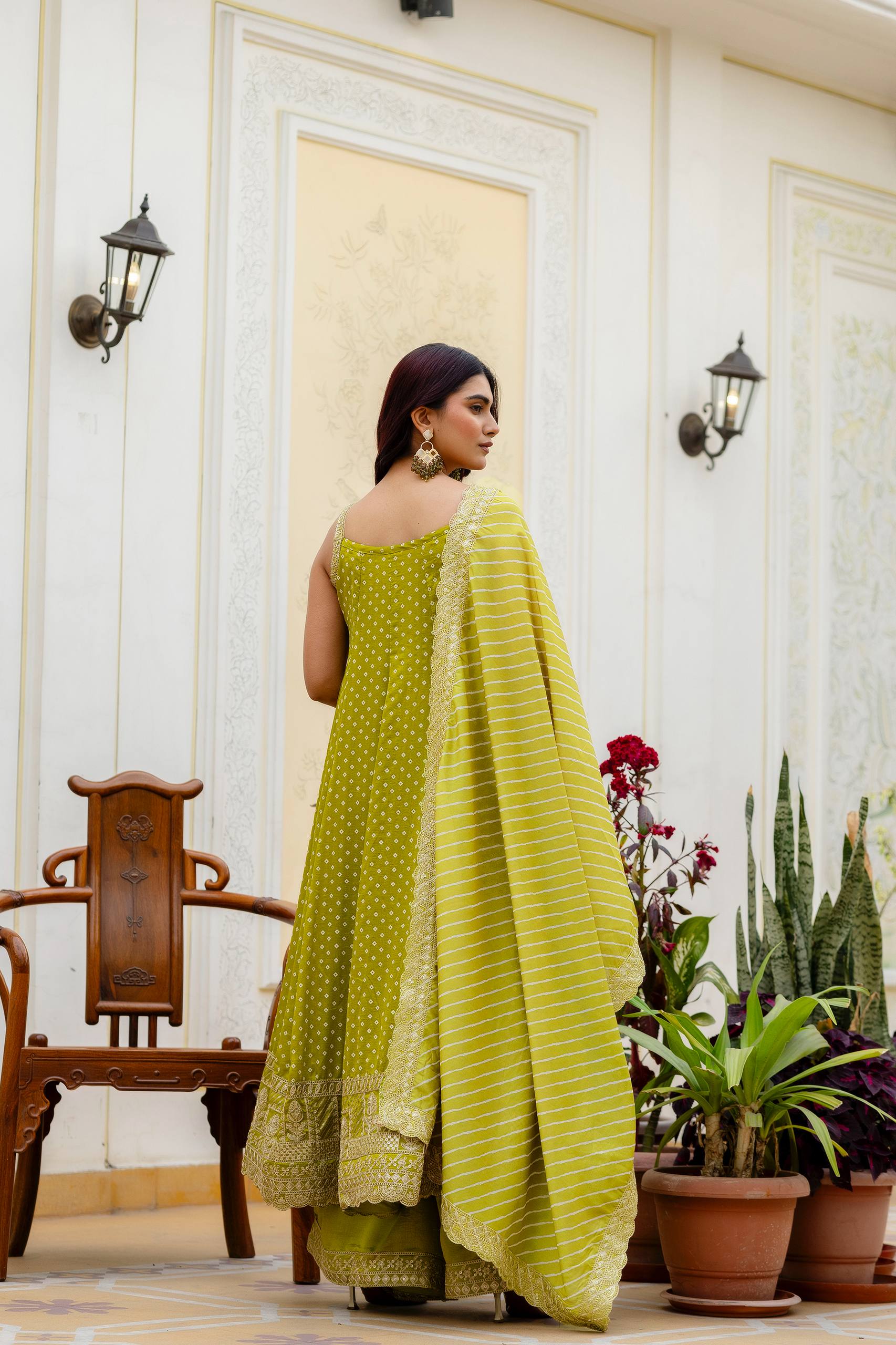 Lime Green Bandhani Vichitra Silk Embroidered Anarkali Suit Set with Leheriya Dupatta