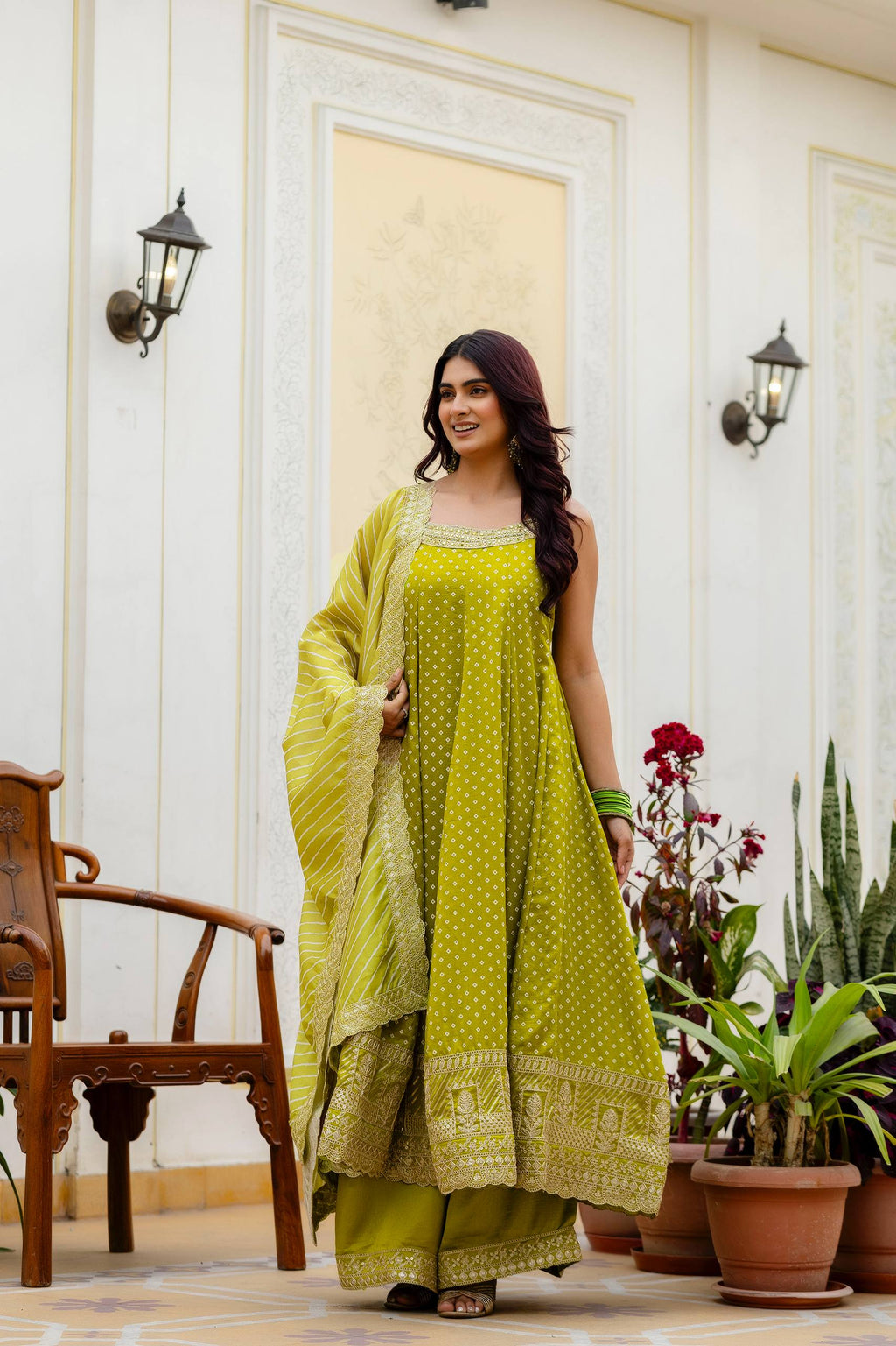 Lime Green Bandhani Vichitra Silk Embroidered Anarkali Suit Set with Leheriya Dupatta