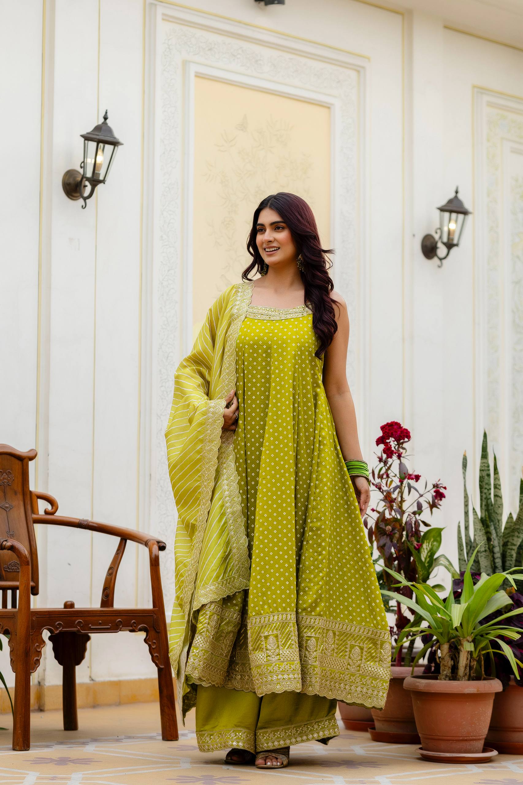 Lime Green Bandhani Vichitra Silk Embroidered Anarkali Suit Set with Leheriya Dupatta