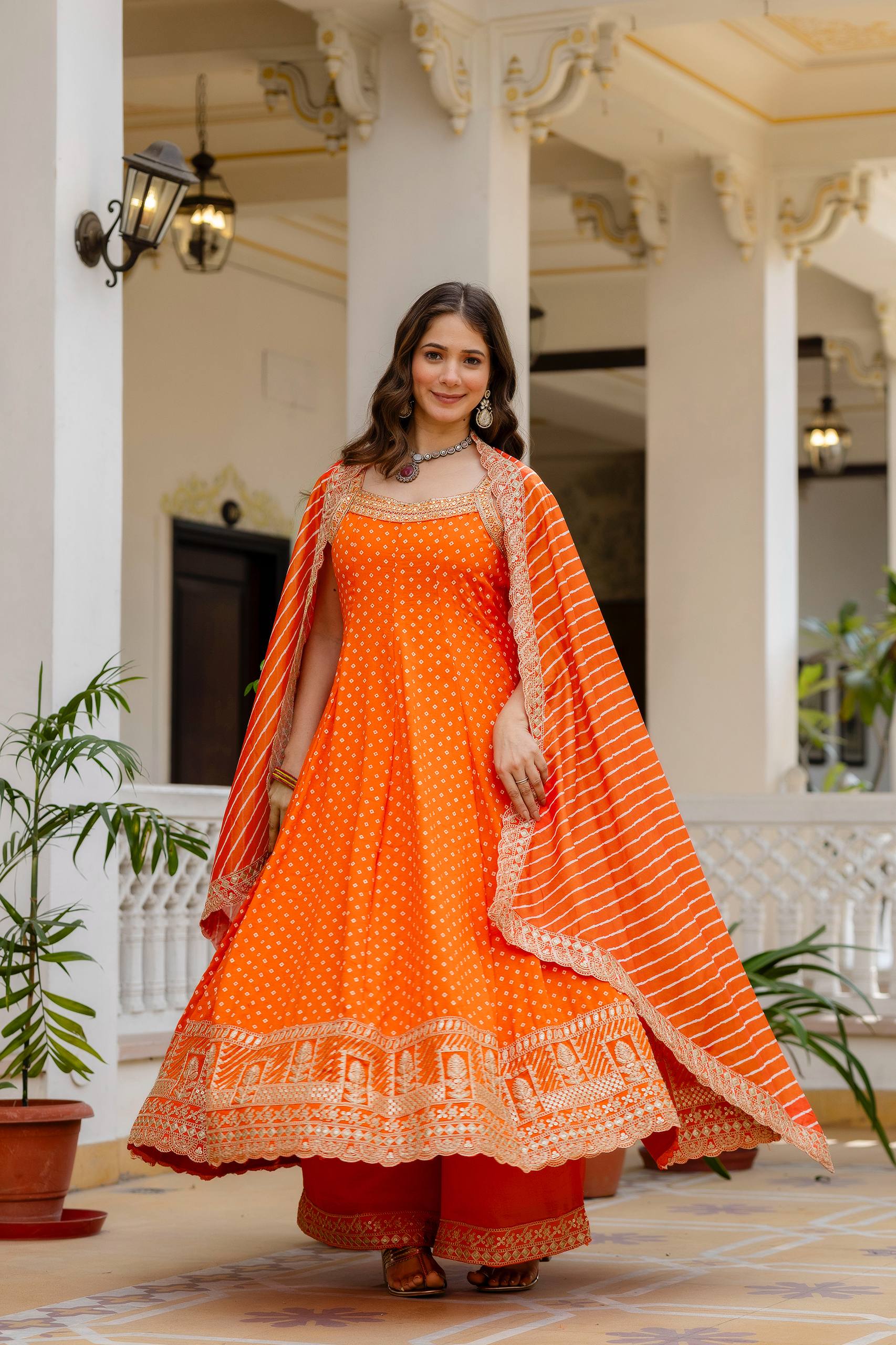 Orange Bandhani Vichitra Silk Embroidered Anarkali Suit Set with Leheriya Dupatta