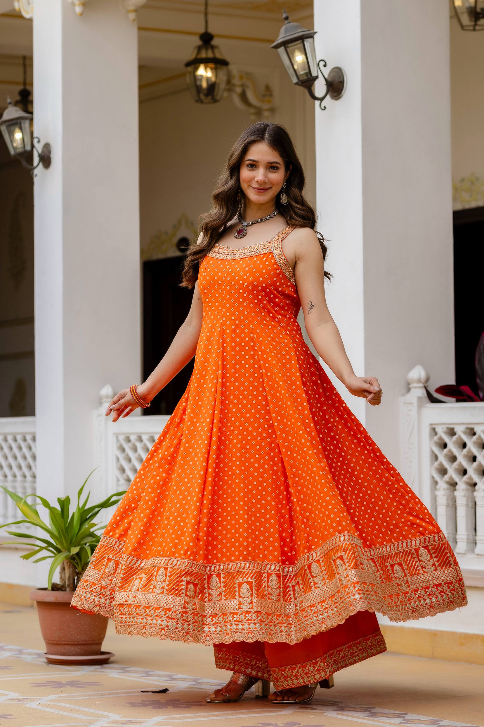 Orange Bandhani Vichitra Silk Embroidered Anarkali Suit Set with Leheriya Dupatta