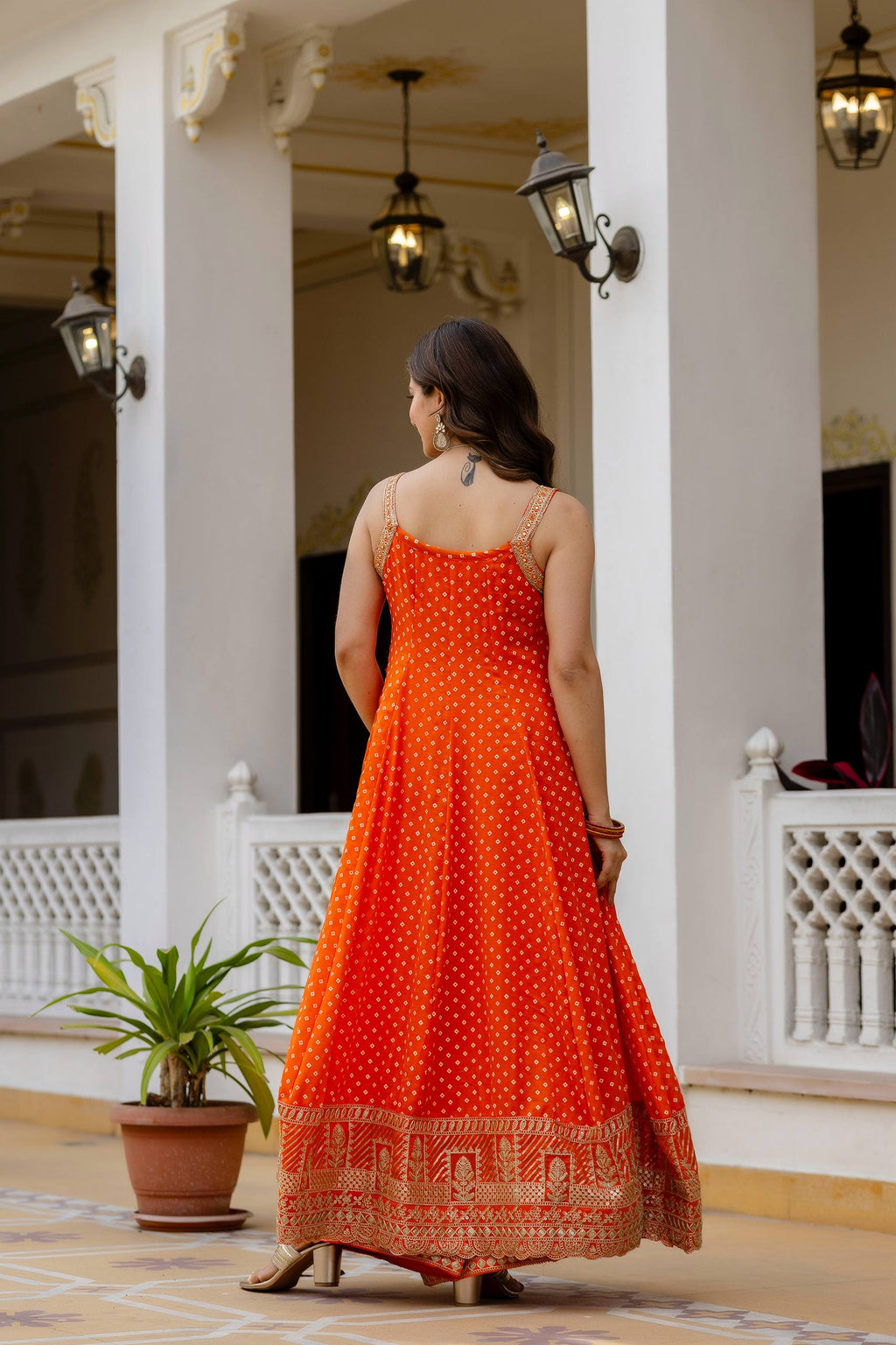 Orange Bandhani Vichitra Silk Embroidered Anarkali Suit Set with Leheriya Dupatta