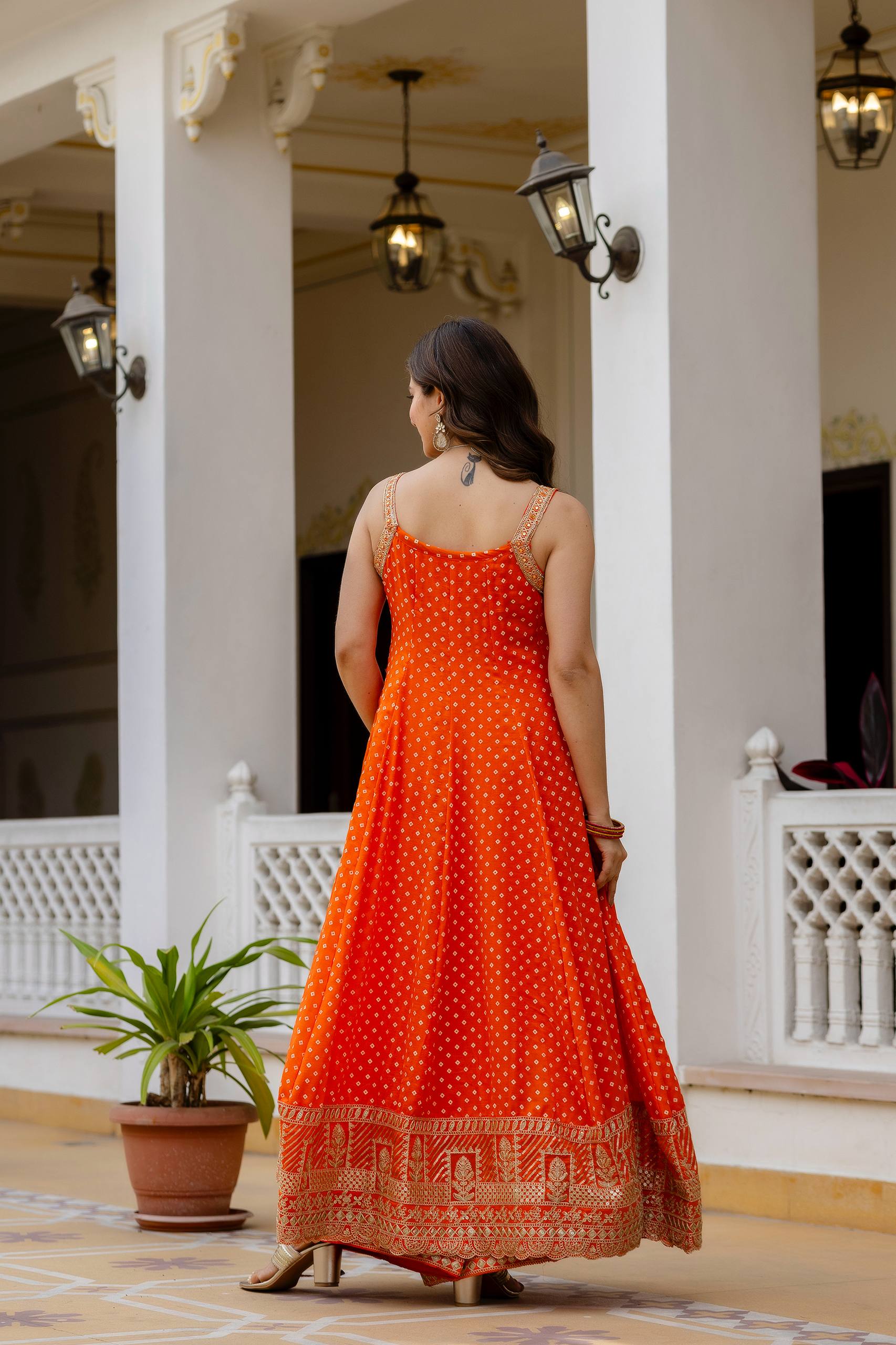 Orange Bandhani Vichitra Silk Embroidered Anarkali Suit Set with Leheriya Dupatta