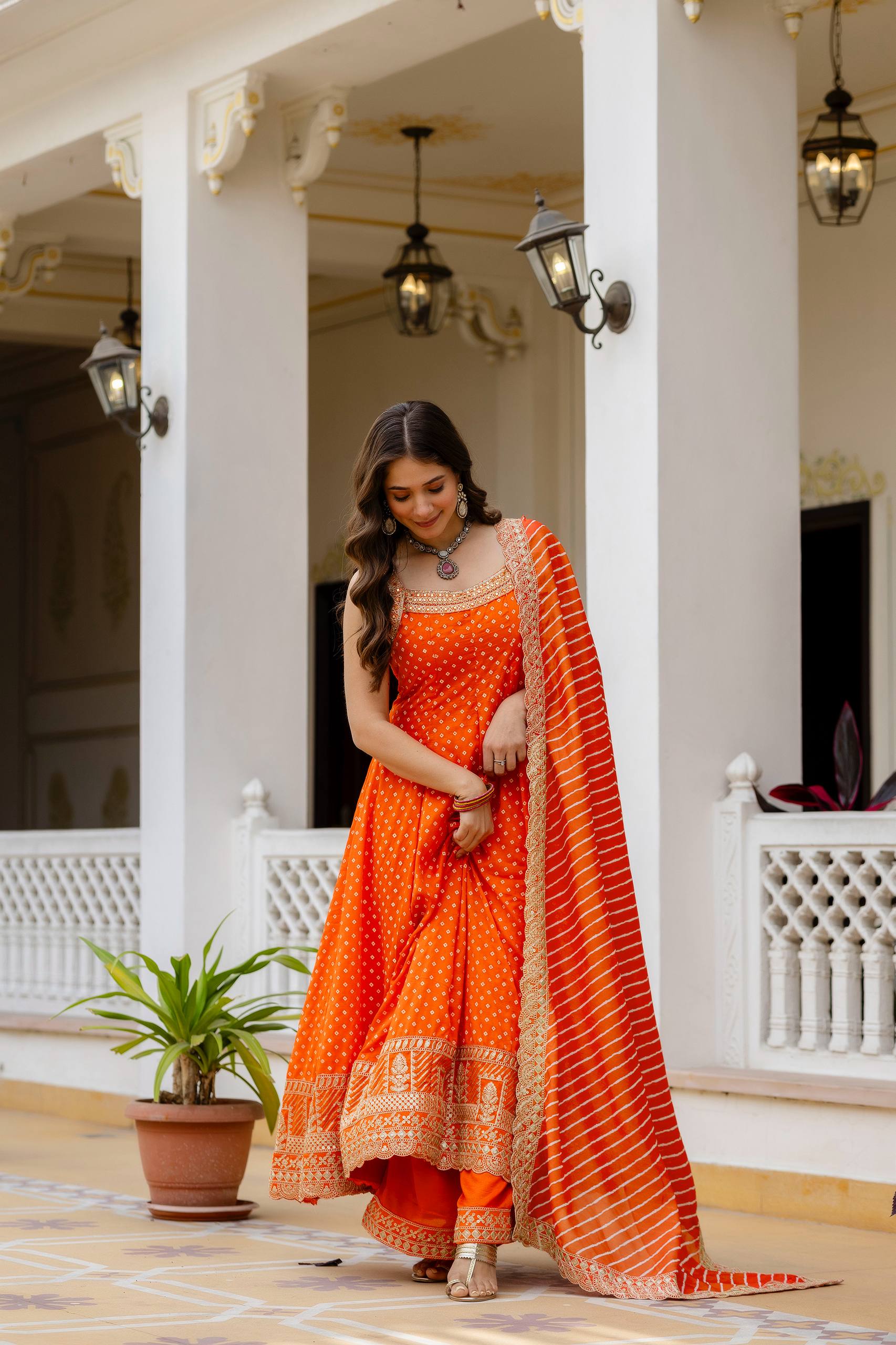 Orange Bandhani Vichitra Silk Embroidered Anarkali Suit Set with Leheriya Dupatta
