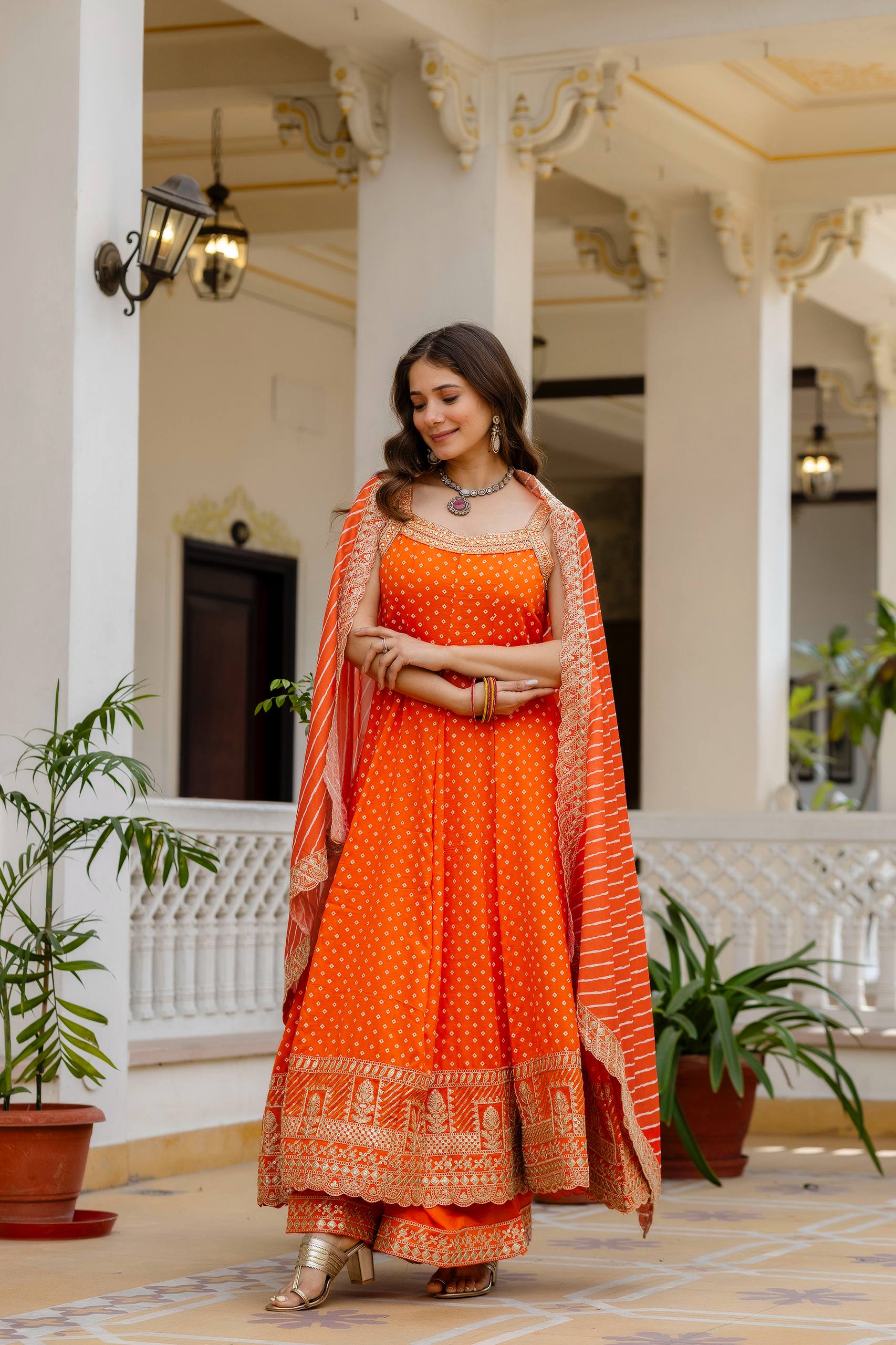 Orange Bandhani Vichitra Silk Embroidered Anarkali Suit Set with Leheriya Dupatta