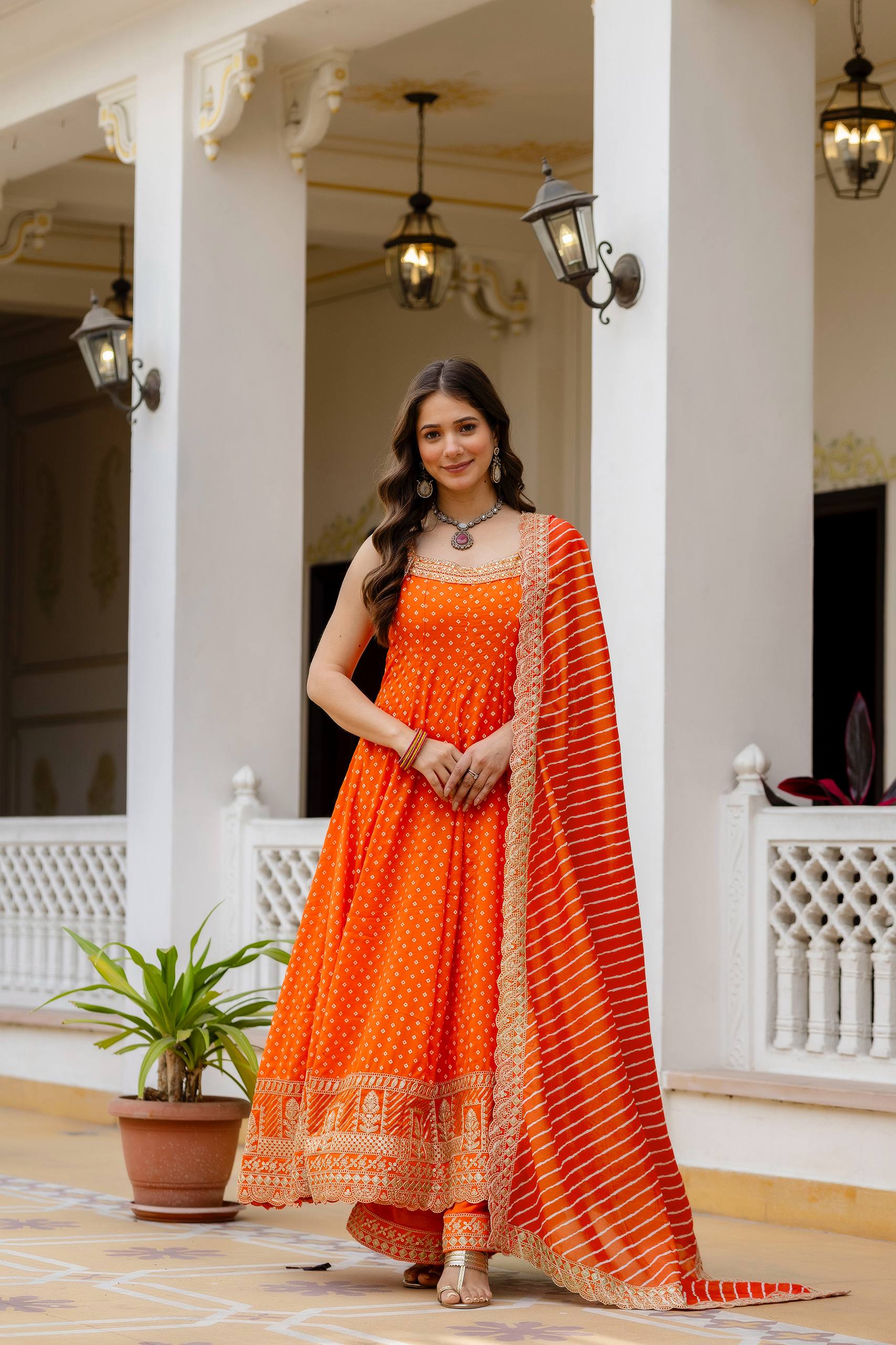 Orange Bandhani Vichitra Silk Embroidered Anarkali Suit Set with Leheriya Dupatta