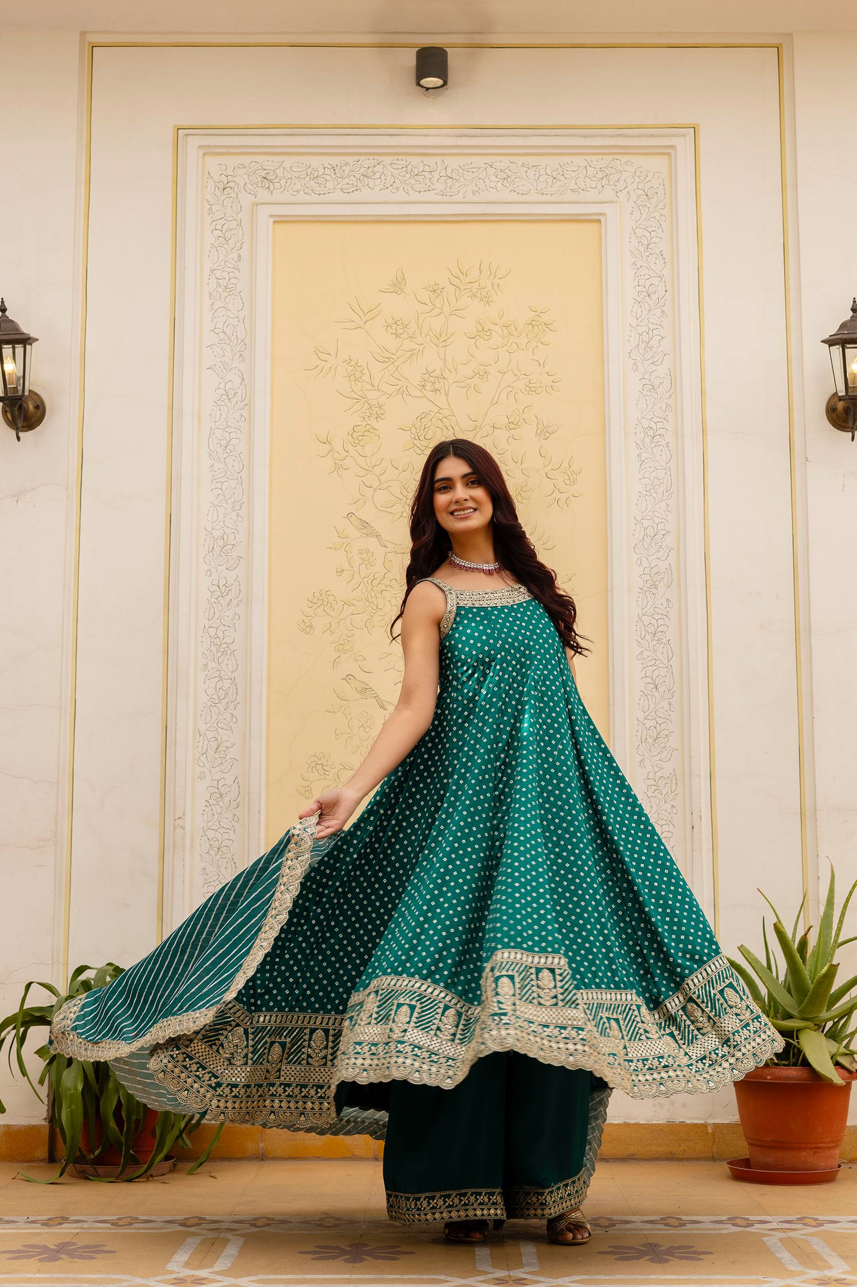 Teal Green Bandhani Vichitra Silk Embroidered Anarkali Suit Set with Leheriya Dupatta