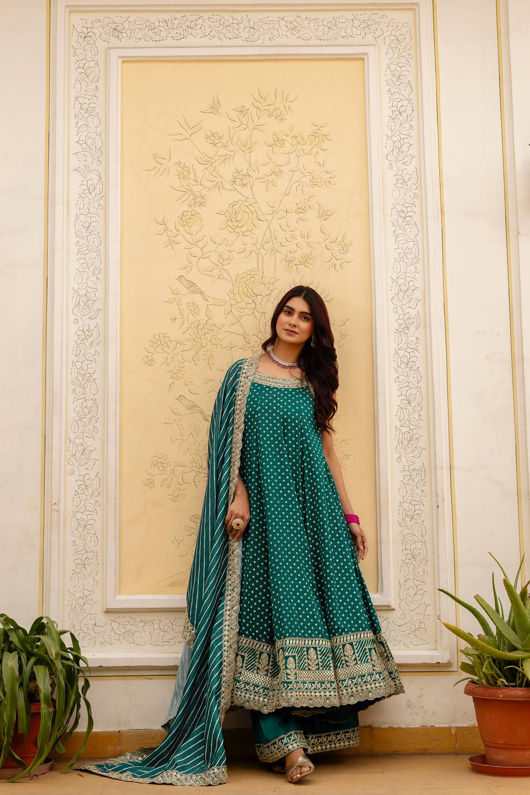 Teal Green Bandhani Vichitra Silk Embroidered Anarkali Suit Set with Leheriya Dupatta