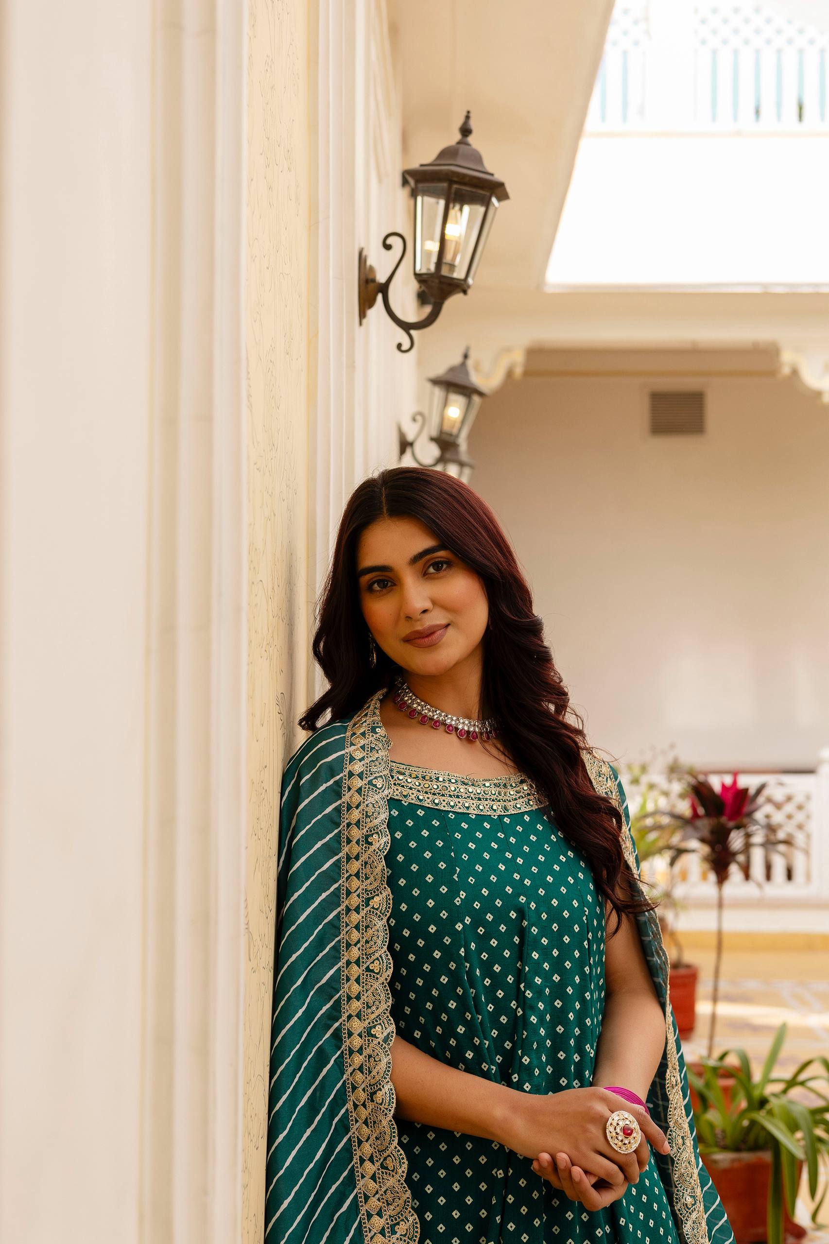 Teal Green Bandhani Vichitra Silk Embroidered Anarkali Suit Set with Leheriya Dupatta