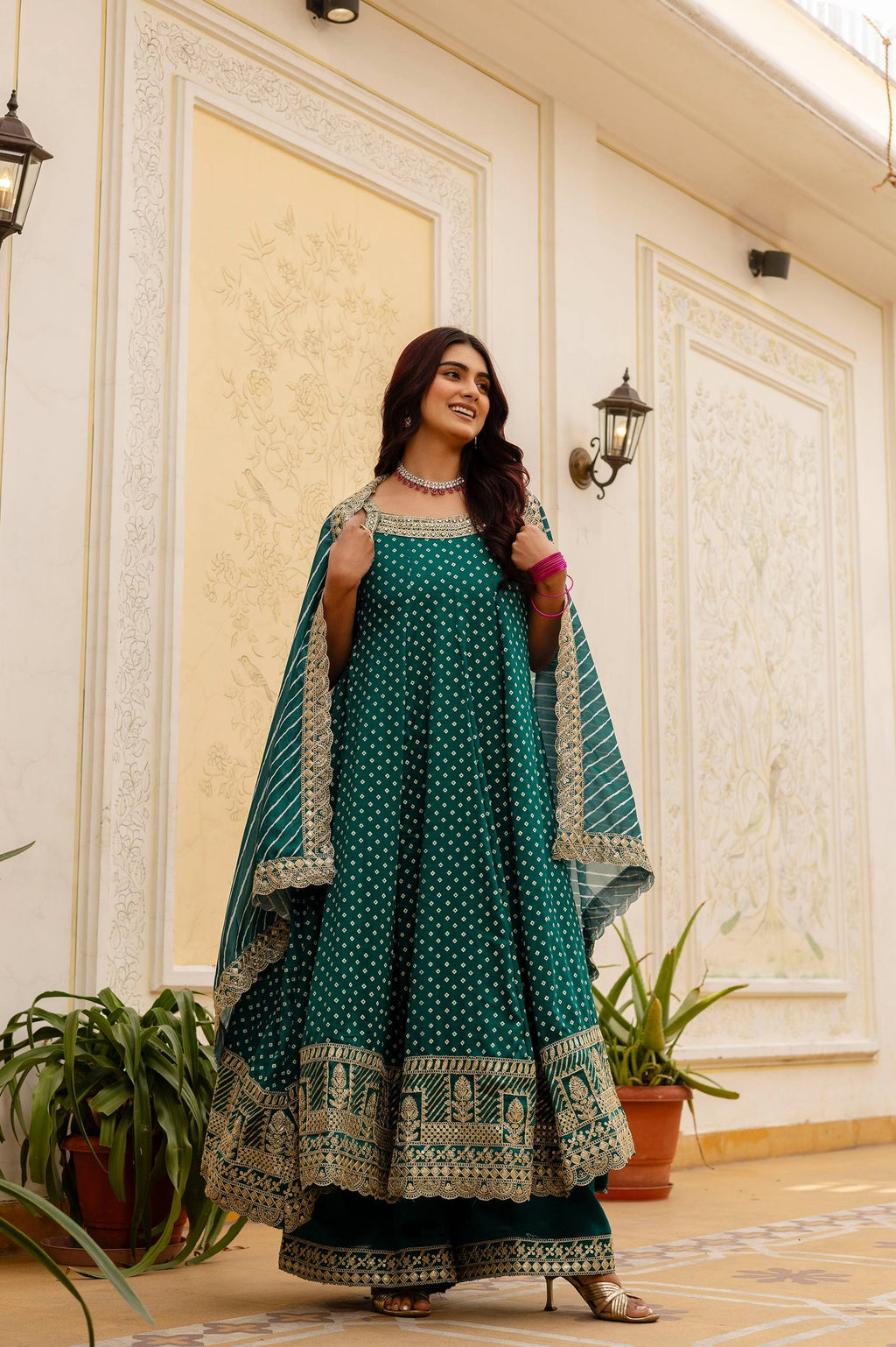 Teal Green Bandhani Vichitra Silk Embroidered Anarkali Suit Set with Leheriya Dupatta