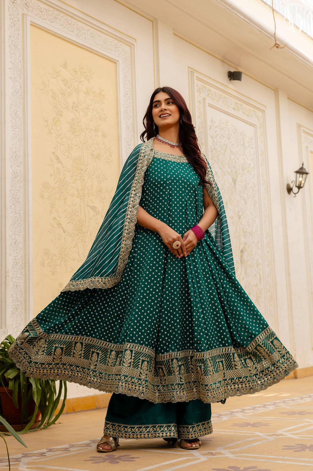 Teal Green Bandhani Vichitra Silk Embroidered Anarkali Suit Set with Leheriya Dupatta