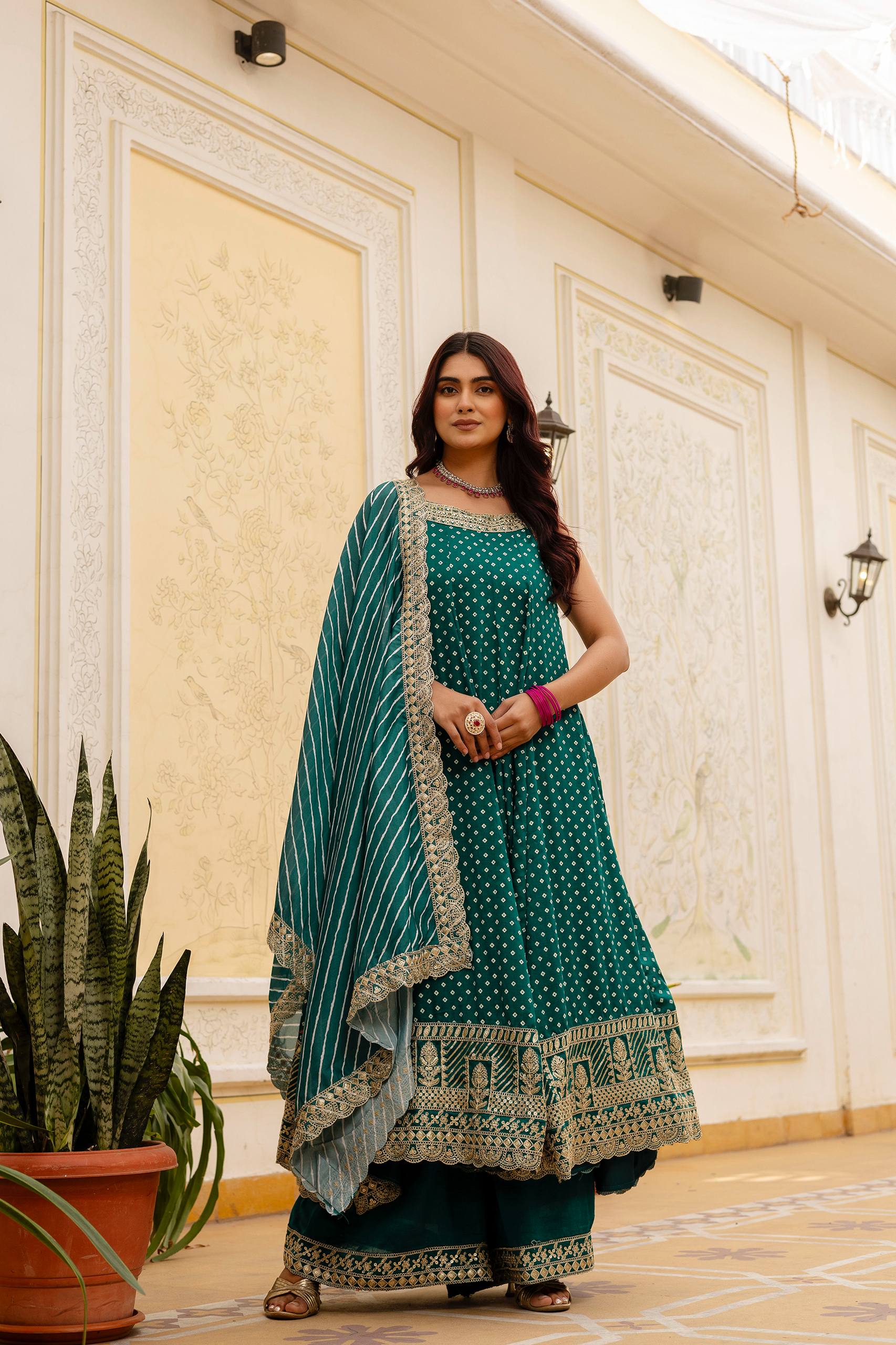 Teal Green Bandhani Vichitra Silk Embroidered Anarkali Suit Set with Leheriya Dupatta