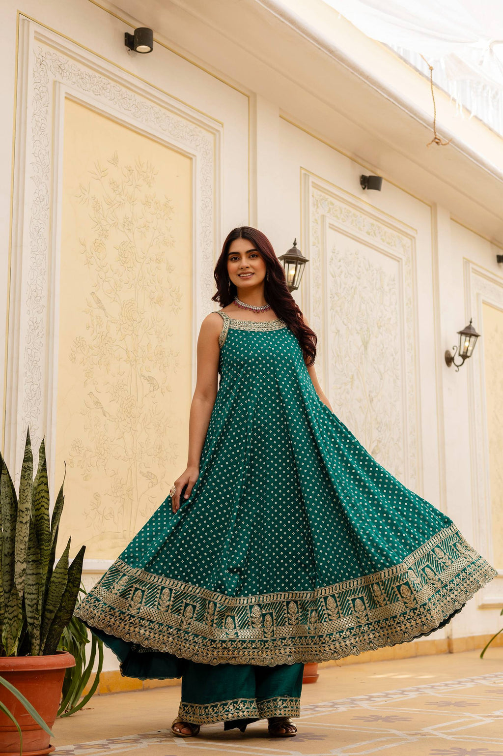 Teal Green Bandhani Vichitra Silk Embroidered Anarkali Suit Set with Leheriya Dupatta