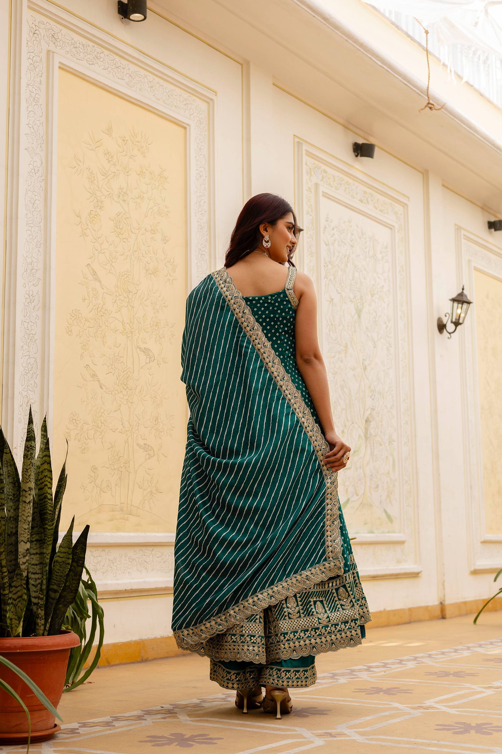 Teal Green Bandhani Vichitra Silk Embroidered Anarkali Suit Set with Leheriya Dupatta