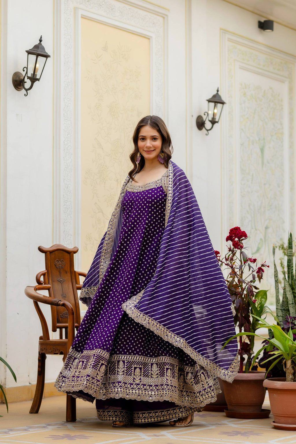 Royal Purple Bandhani Vichitra Silk Embroidered Anarkali Suit Set with Leheriya Dupatta