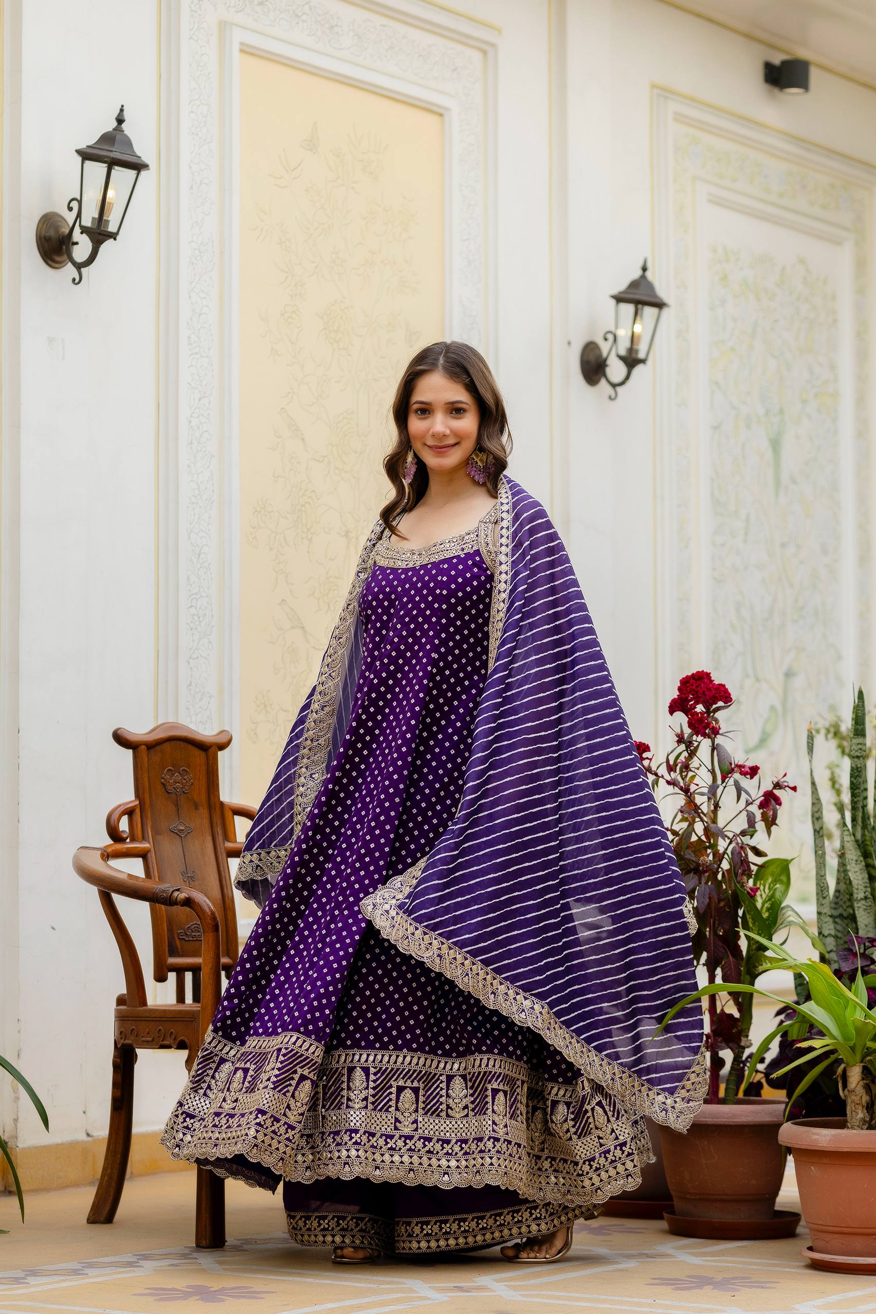 Royal Purple Bandhani Vichitra Silk Embroidered Anarkali Suit Set with Leheriya Dupatta