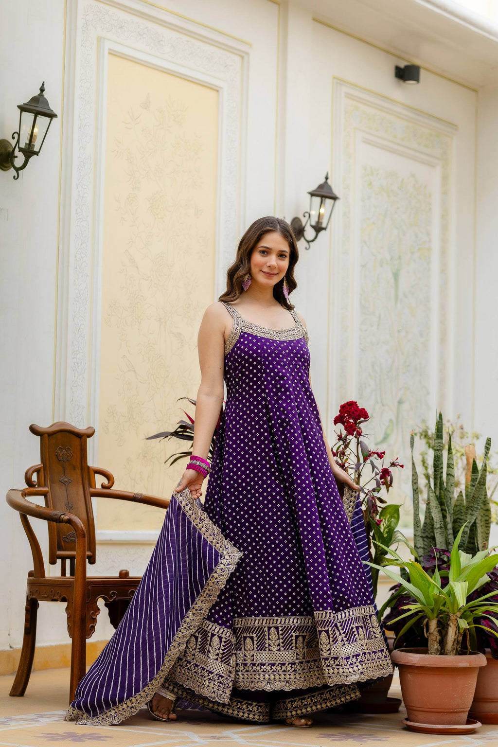 Royal Purple Bandhani Vichitra Silk Embroidered Anarkali Suit Set with Leheriya Dupatta