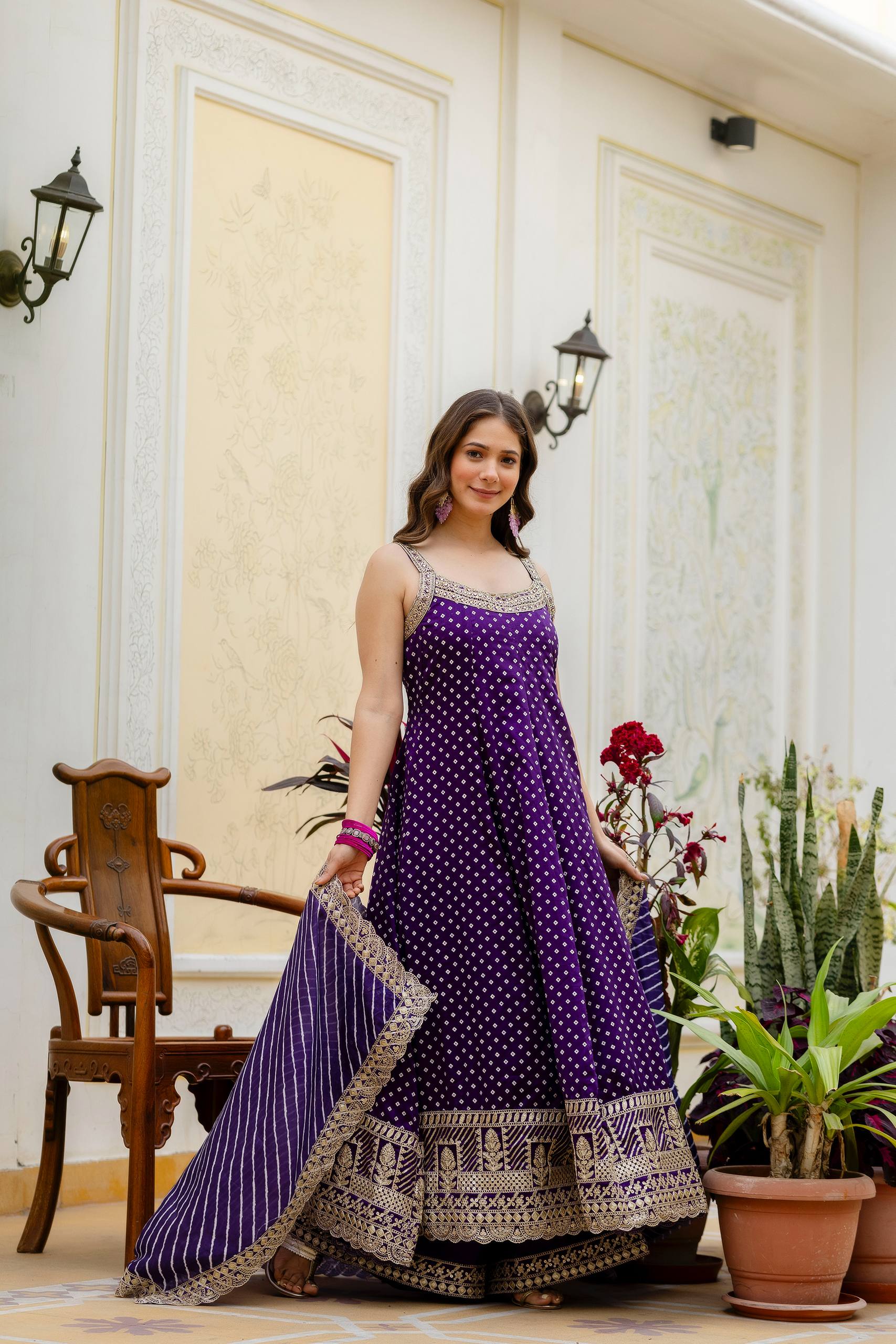 Royal Purple Bandhani Vichitra Silk Embroidered Anarkali Suit Set with Leheriya Dupatta