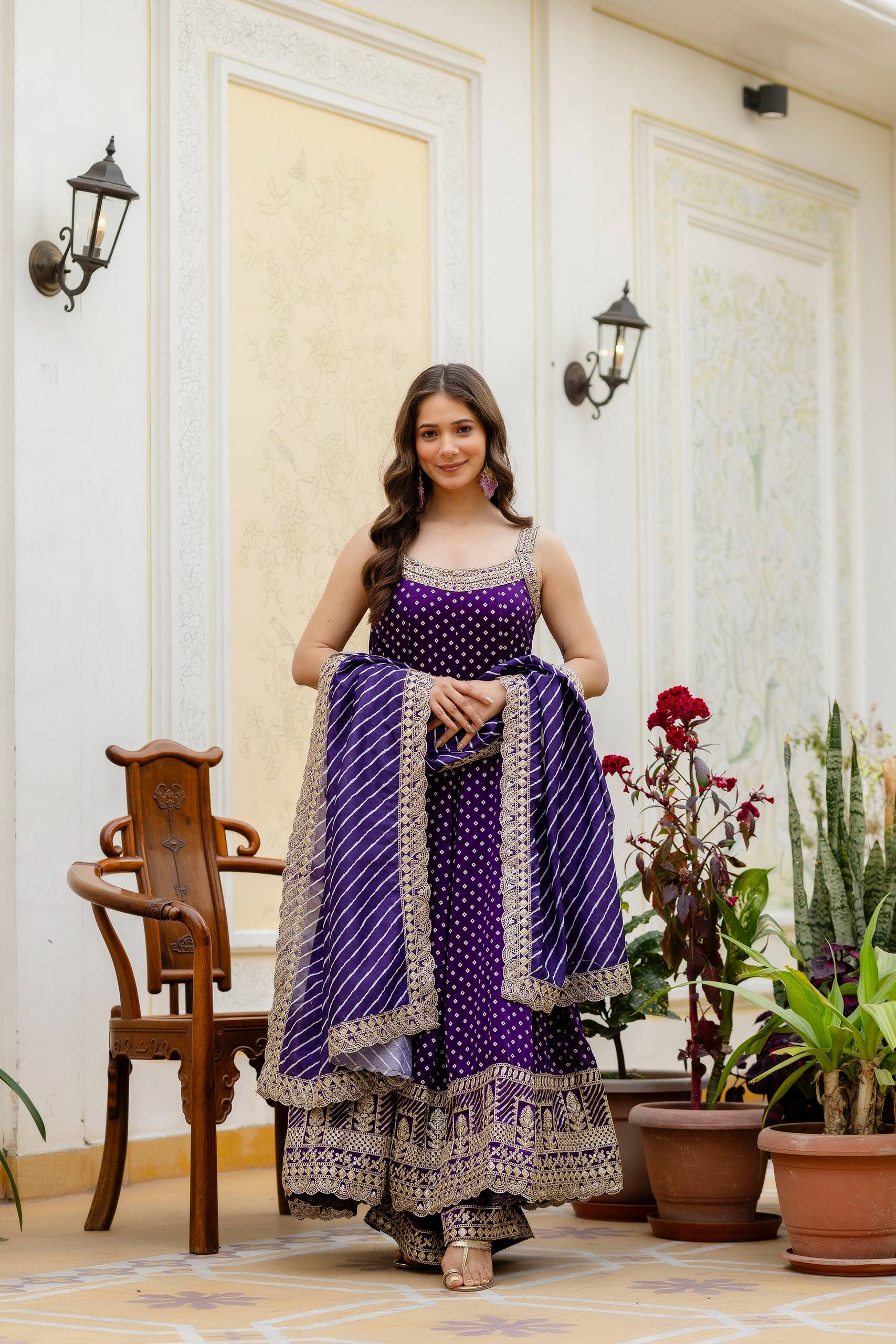 Royal Purple Bandhani Vichitra Silk Embroidered Anarkali Suit Set with Leheriya Dupatta