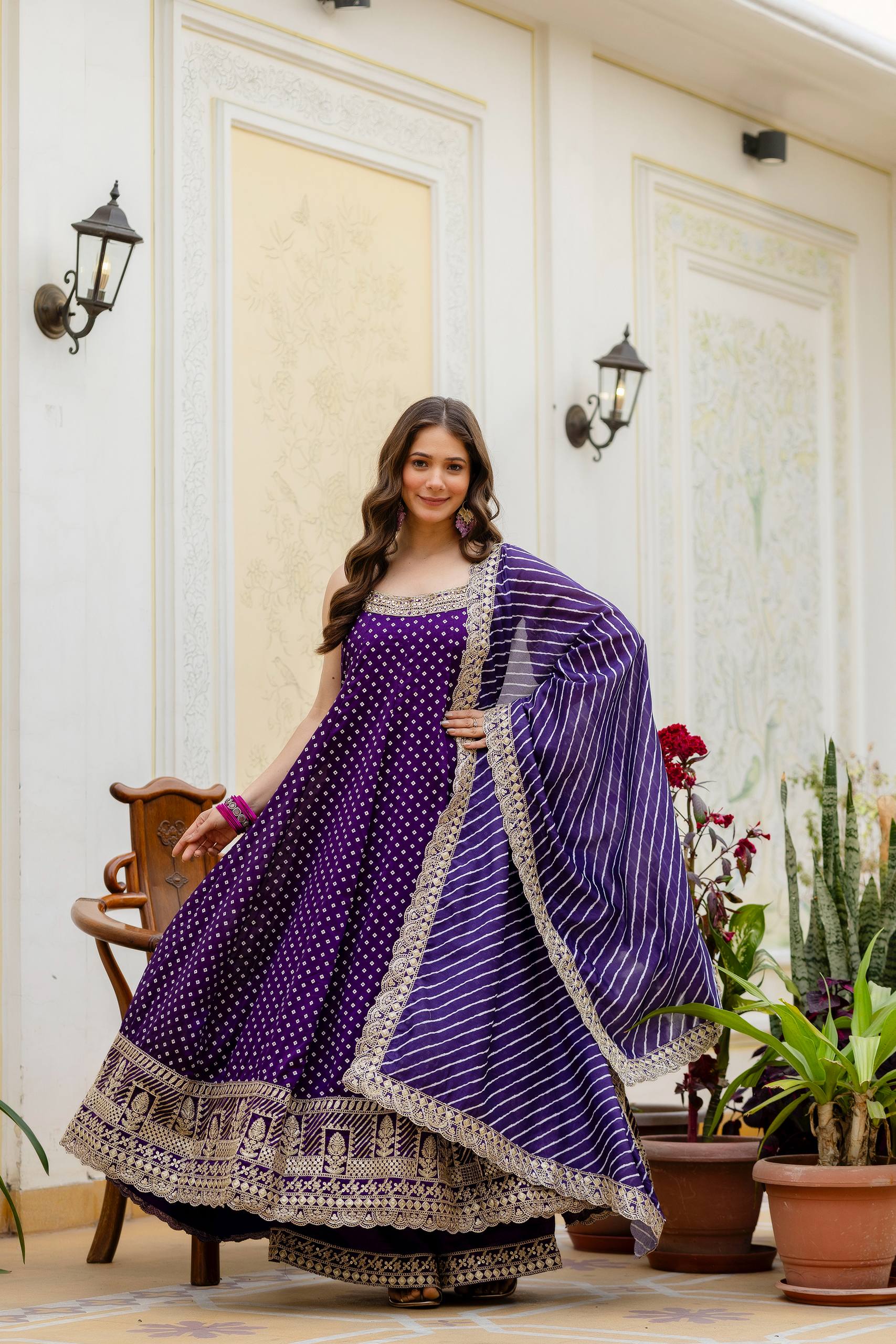 Royal Purple Bandhani Vichitra Silk Embroidered Anarkali Suit Set with Leheriya Dupatta
