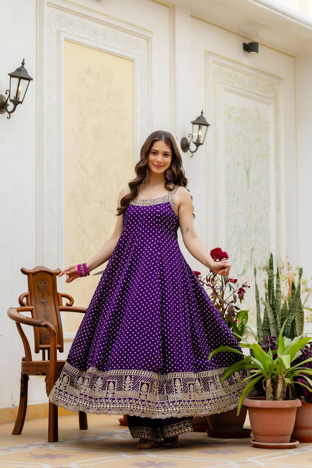 Royal Purple Bandhani Vichitra Silk Embroidered Anarkali Suit Set with Leheriya Dupatta