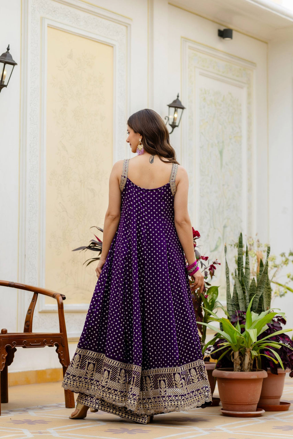 Royal Purple Bandhani Vichitra Silk Embroidered Anarkali Suit Set with Leheriya Dupatta