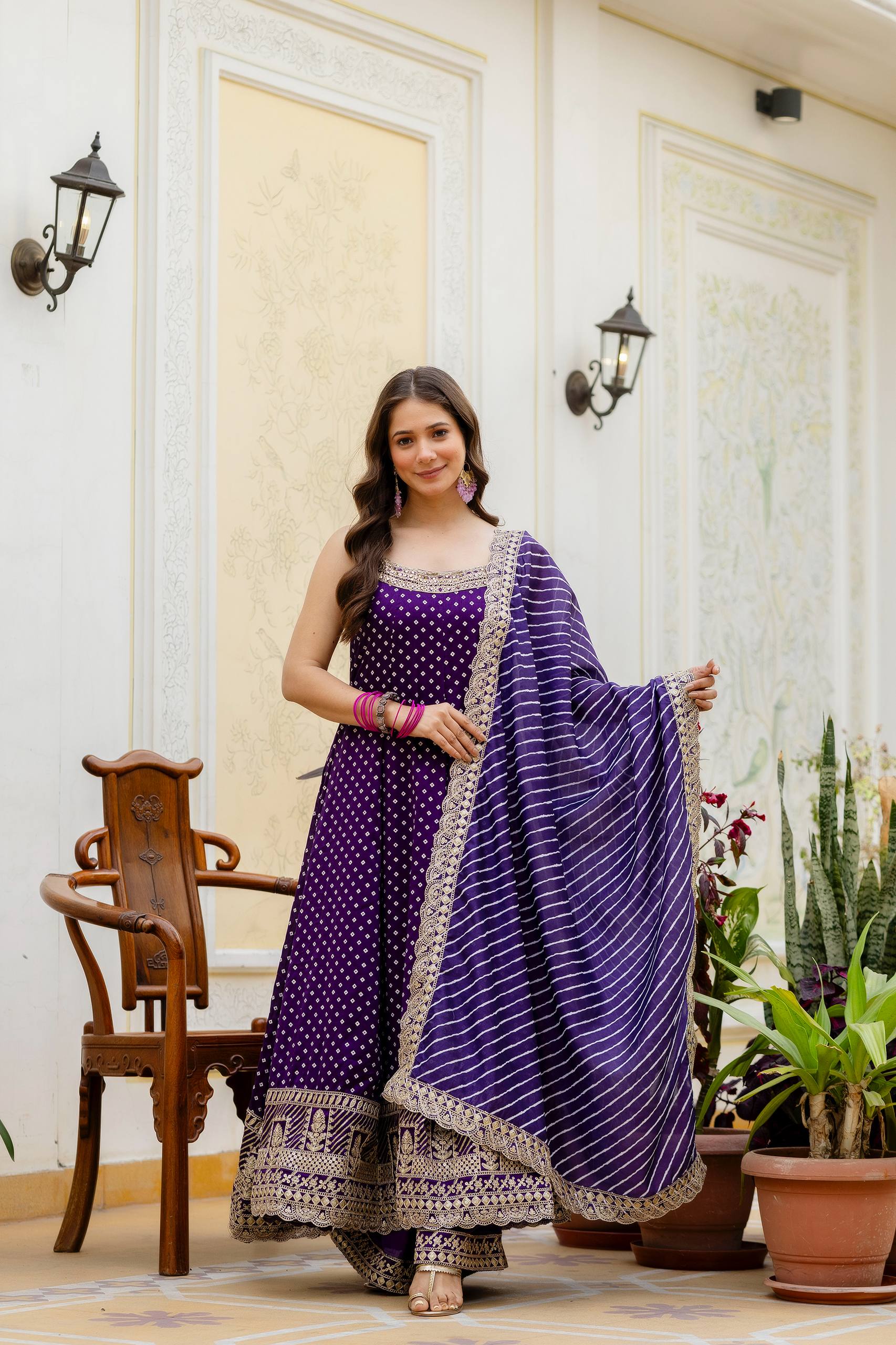 Royal Purple Bandhani Vichitra Silk Embroidered Anarkali Suit Set with Leheriya Dupatta