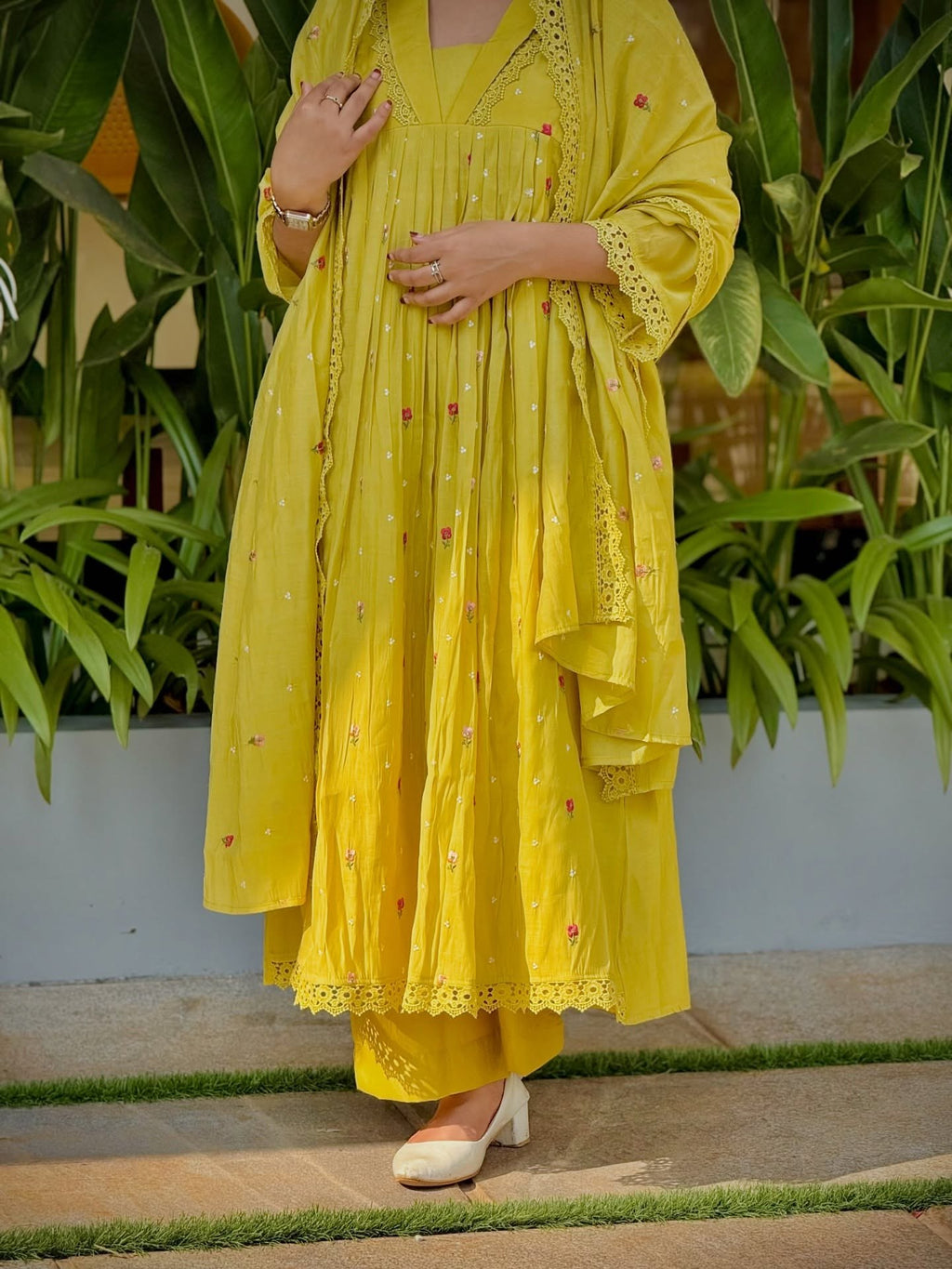 Yellow Embroidered Pure Mal Chanderi Anarkali Suit Set