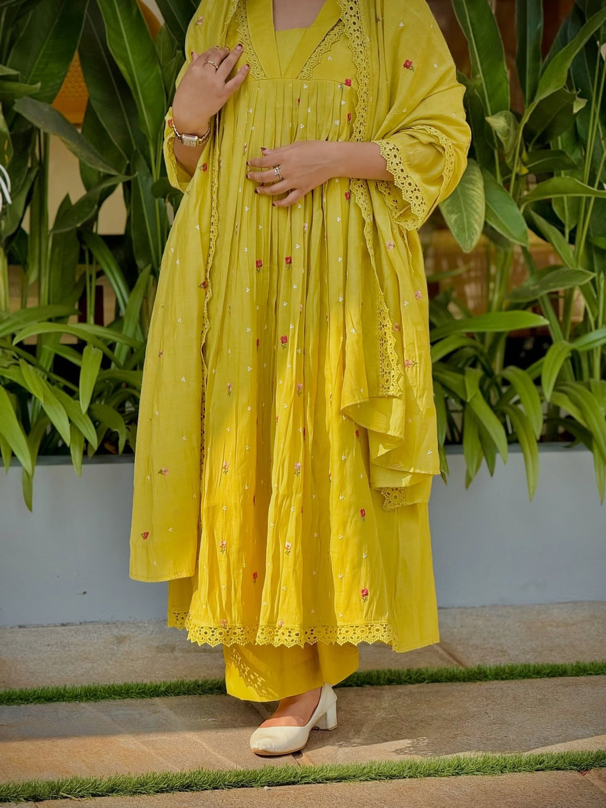Yellow Embroidered Pure Mal Chanderi Anarkali Suit Set