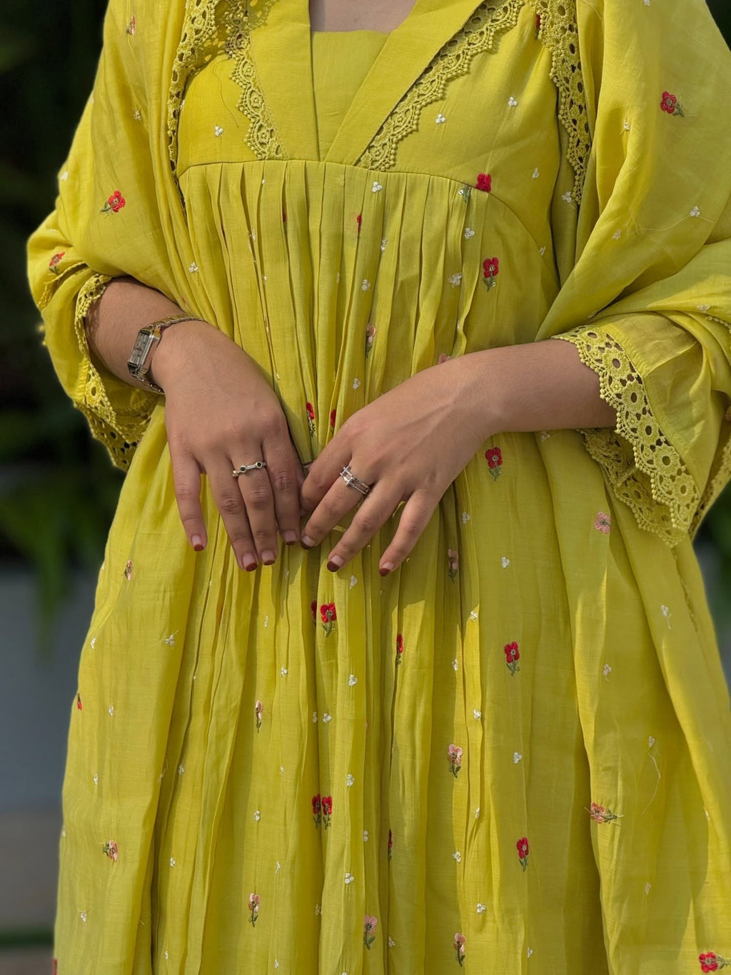Yellow Embroidered Pure Mal Chanderi Anarkali Suit Set