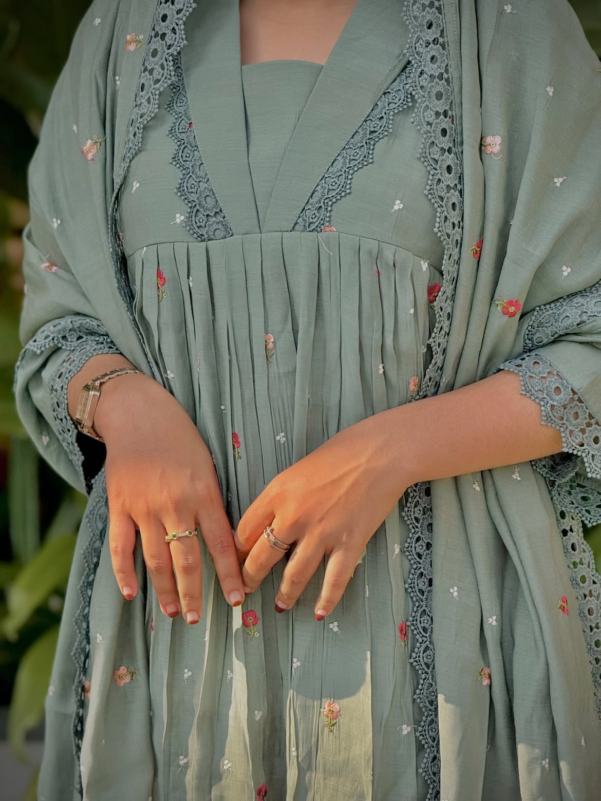 Aqua Blue Floral Embroidered Pure Mal Chanderi Anarkali Suit Set
