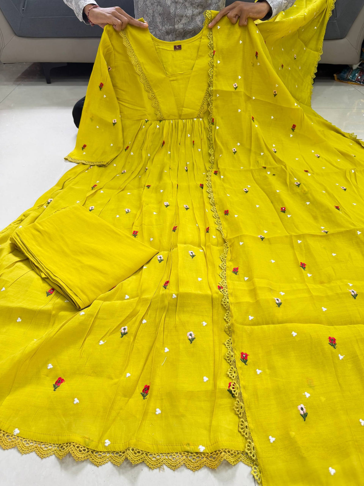 Yellow Embroidered Pure Mal Chanderi Anarkali Suit Set