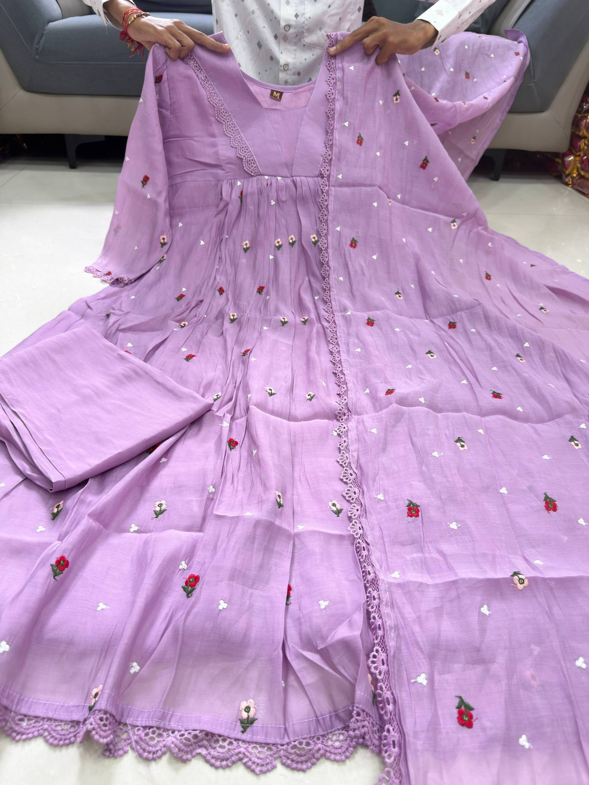 Lavender Embroidered Pure Mal Chanderi Anarkali Suit Set